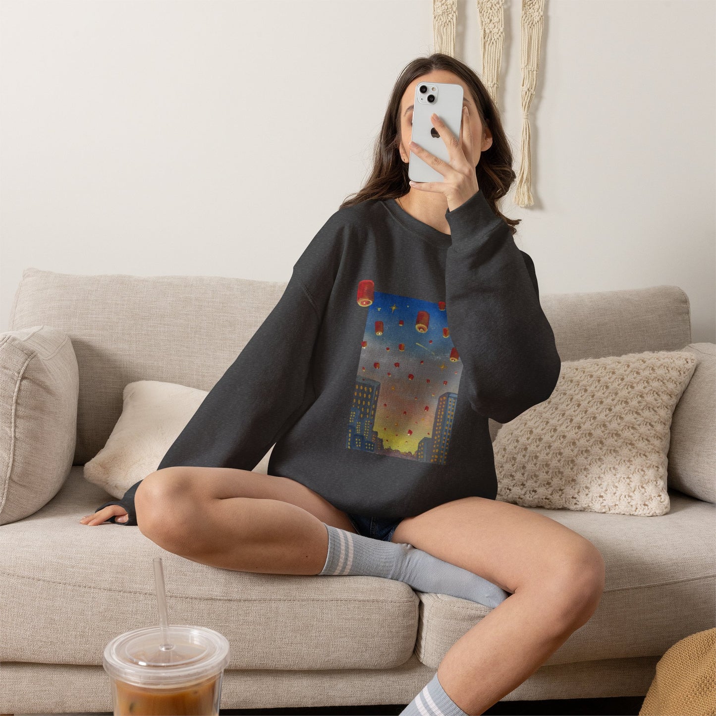 Lantern Festival Crewneck Sweatshirt — Sky of Floating Lanterns Graphic