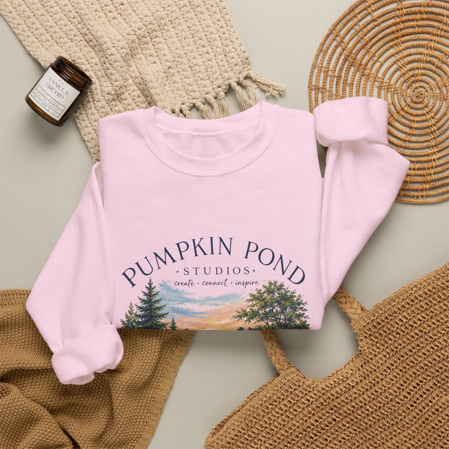 Pumpkin Pond Studio Scenic Sweatshirt — 'Pumpkin Pond' Lakeside Graphic Crewneck