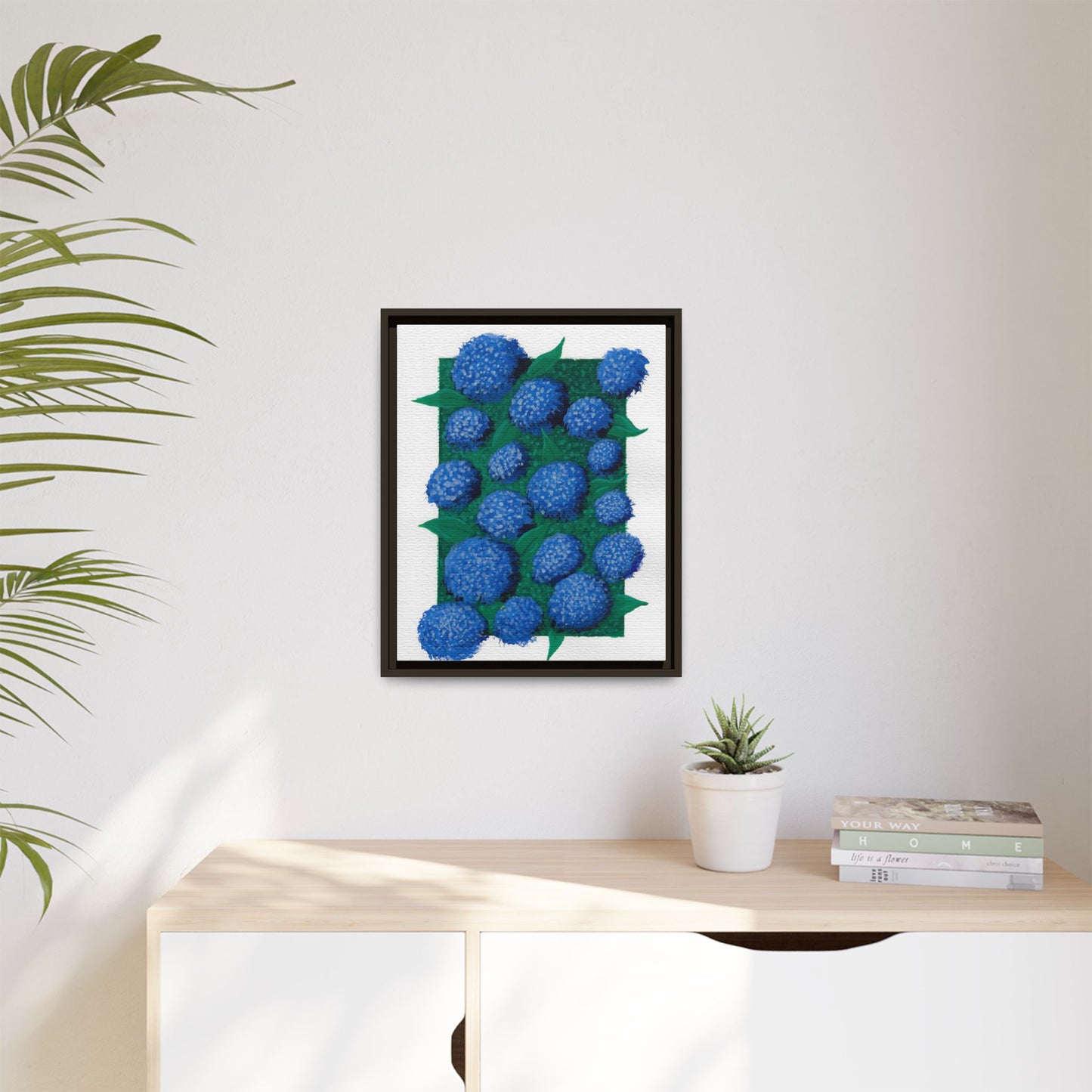 Framed Hydrangea Matte Canvas Print — Blue Floral Wall Art