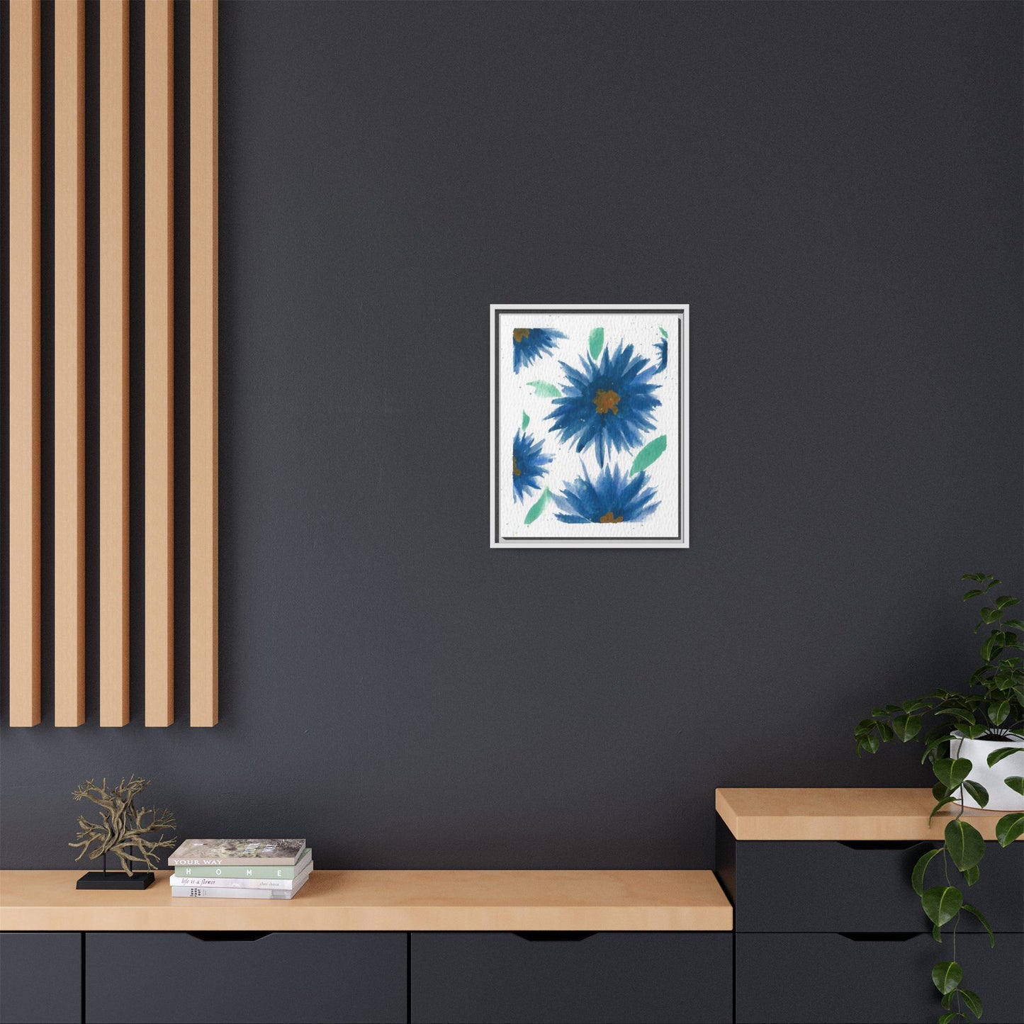 Blue Floral Canvas Print — Framed Matte Wall Art