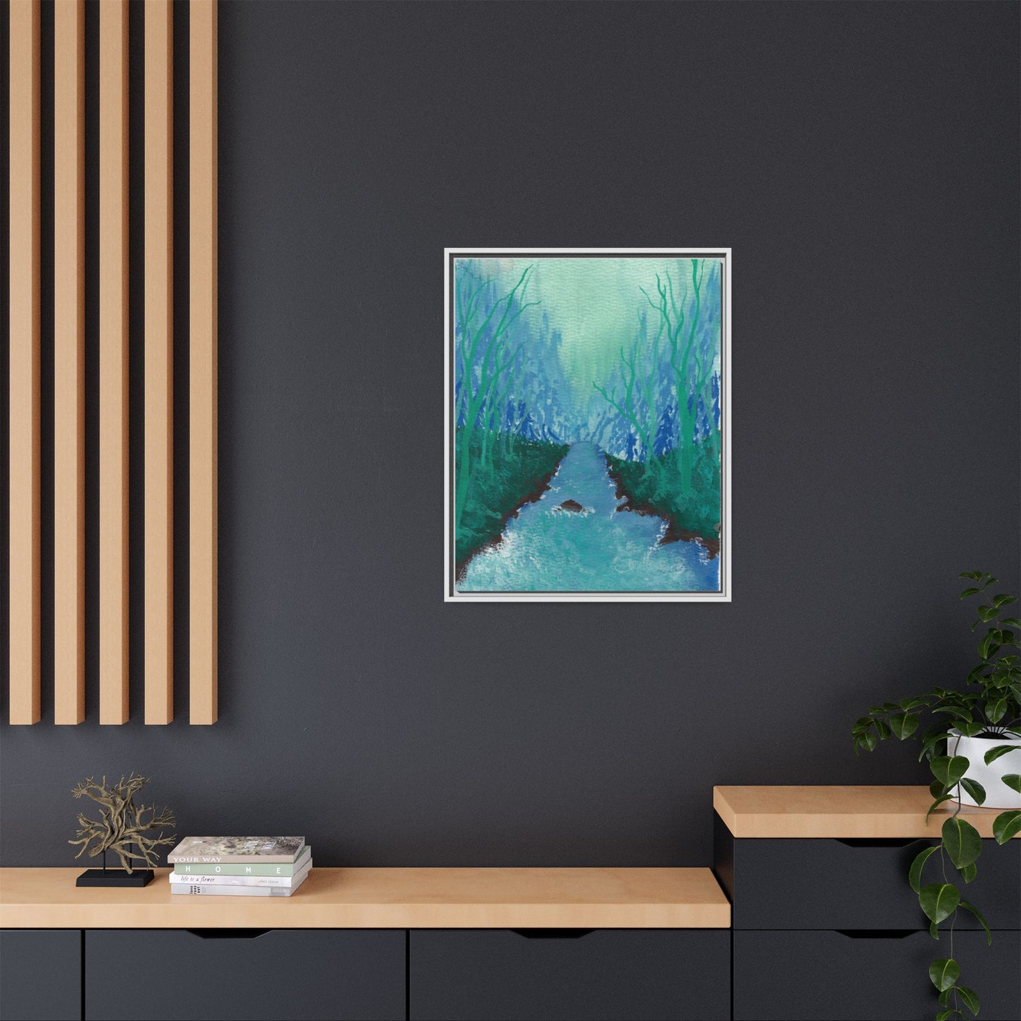 Framed Matte Canvas — Teal Forest River Landscape Wall Art