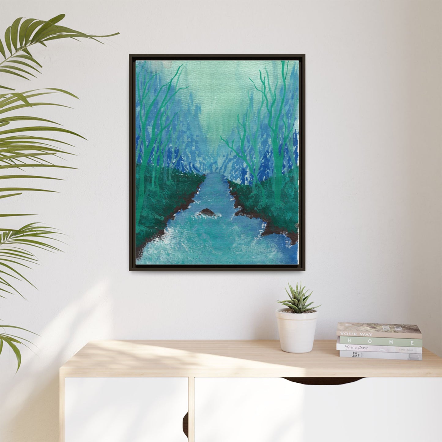 Framed Matte Canvas — Teal Forest River Landscape Wall Art