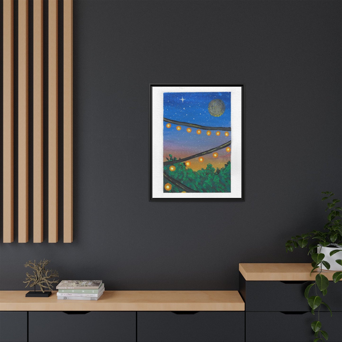 Framed Canvas Art - String Lights Night Sky Print