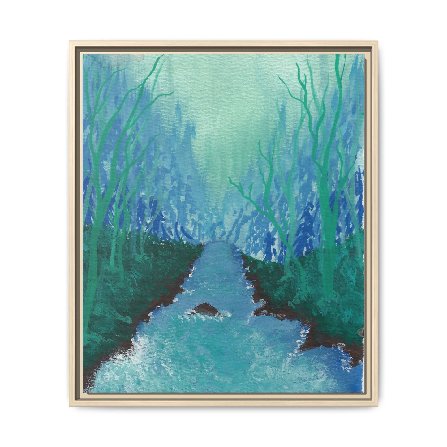 Framed Matte Canvas — Teal Forest River Landscape Wall Art