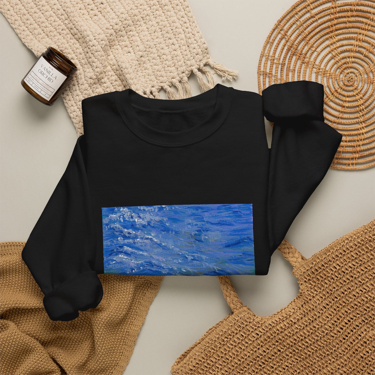 Ocean Waves Crewneck Sweatshirt — Blue Seascape Graphic Pullover