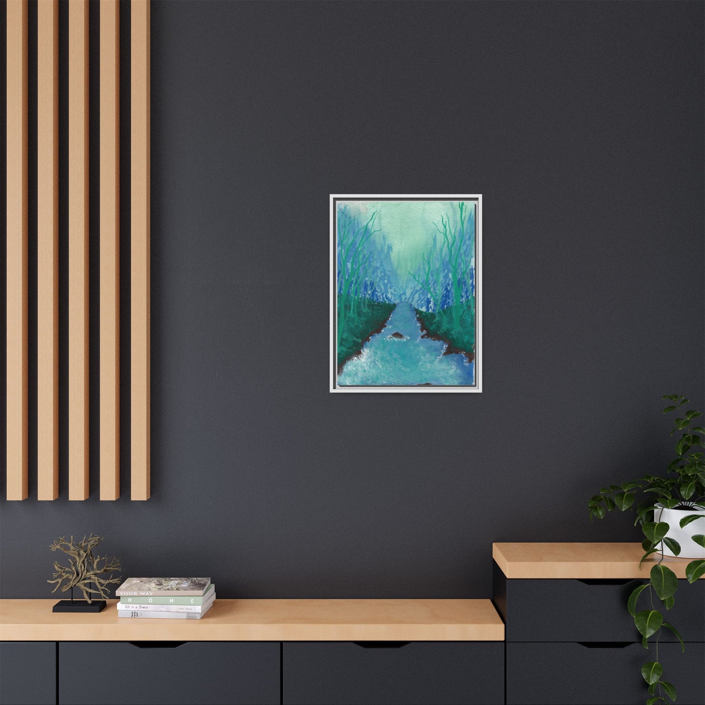 Framed Matte Canvas — Teal Forest River Landscape Wall Art
