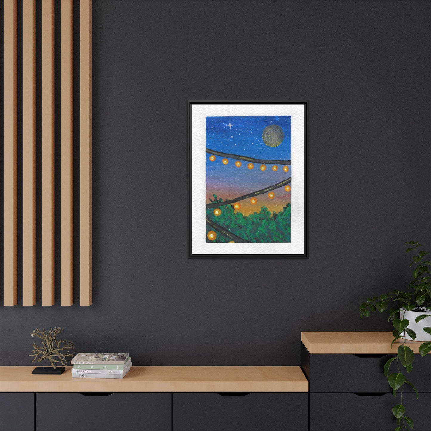 Framed Canvas Art - String Lights Night Sky Print