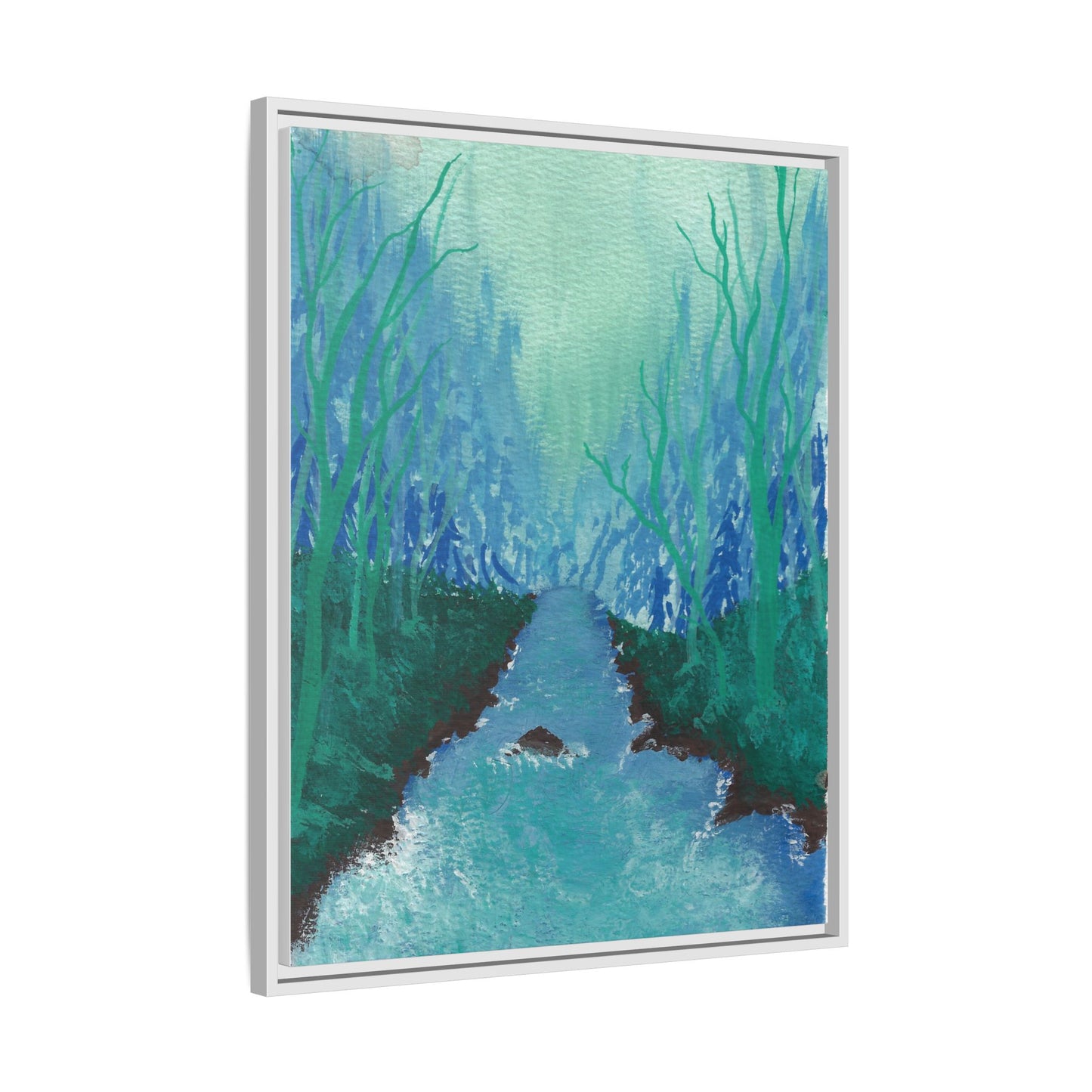 Framed Matte Canvas — Teal Forest River Landscape Wall Art