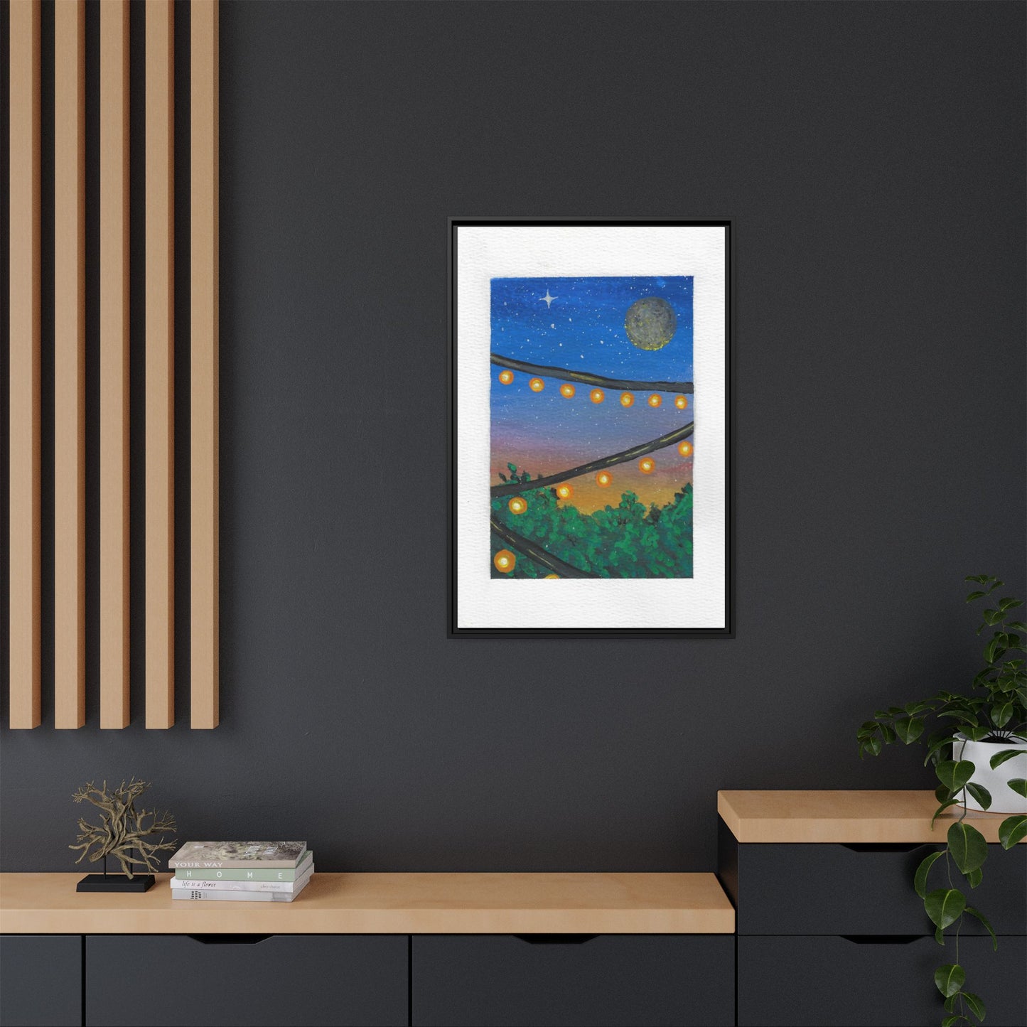 Framed Canvas Art - String Lights Night Sky Print