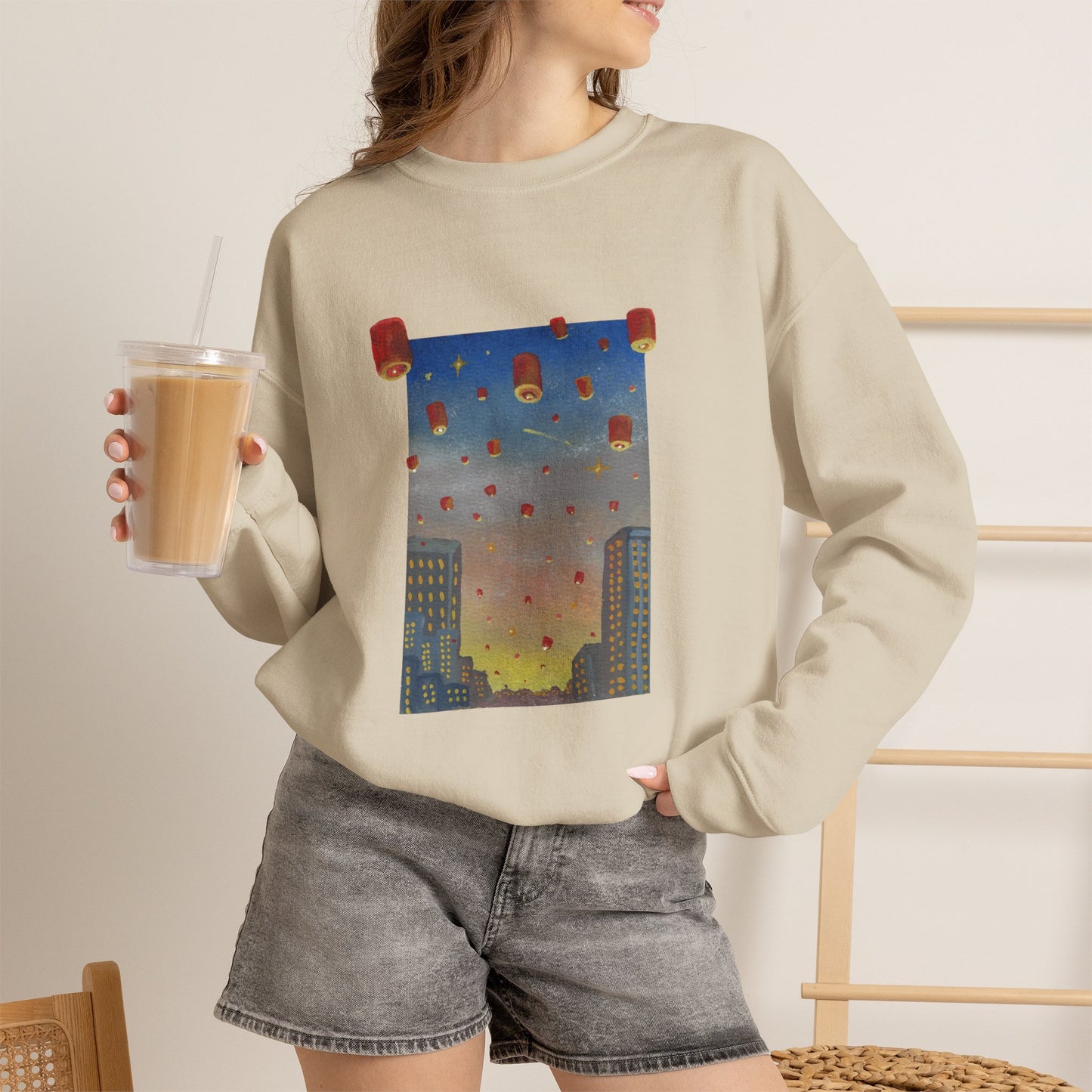 Lantern Festival Crewneck Sweatshirt — Sky of Floating Lanterns Graphic