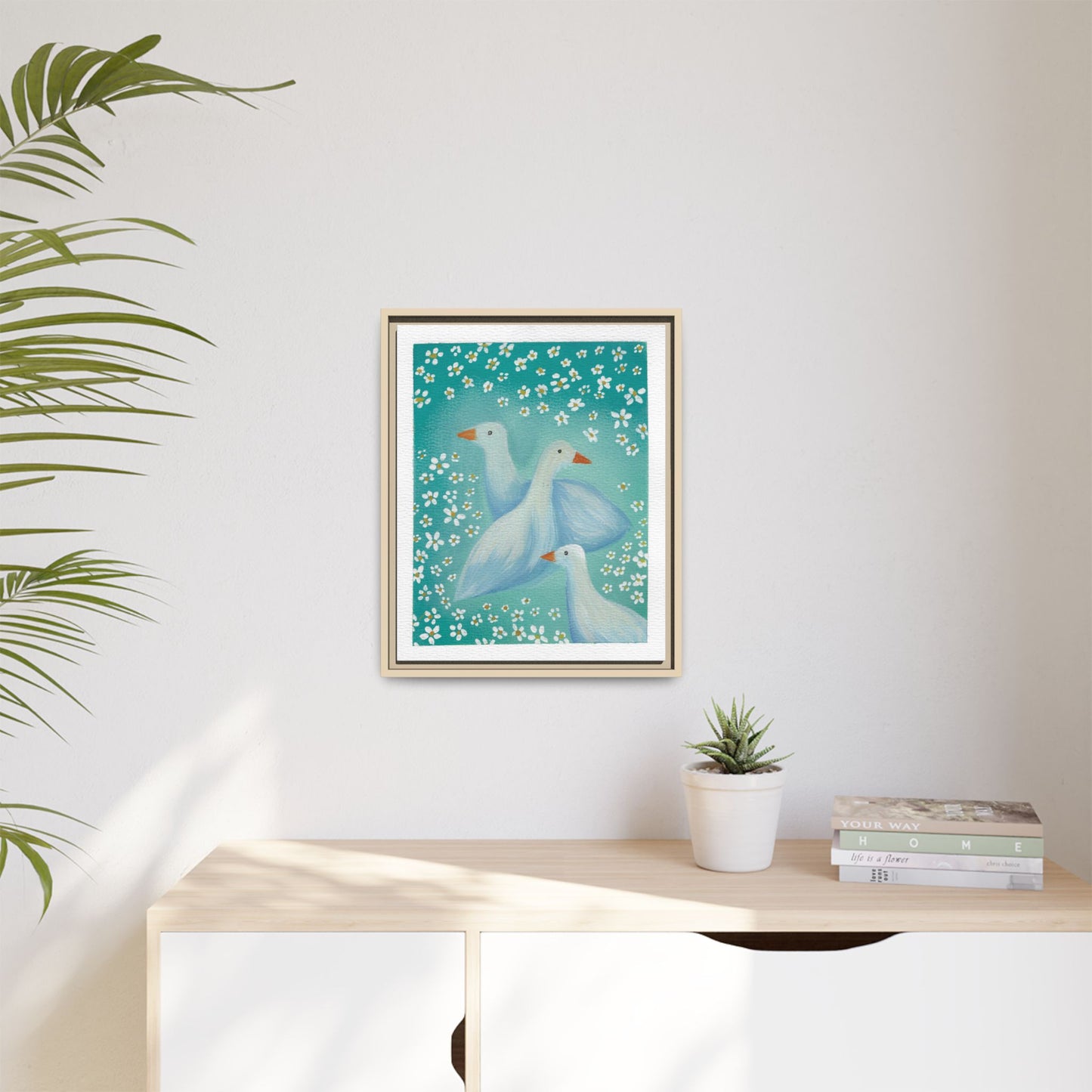 Framed Goose Canvas Print — Whimsical Floral Waterfowl Wall Art