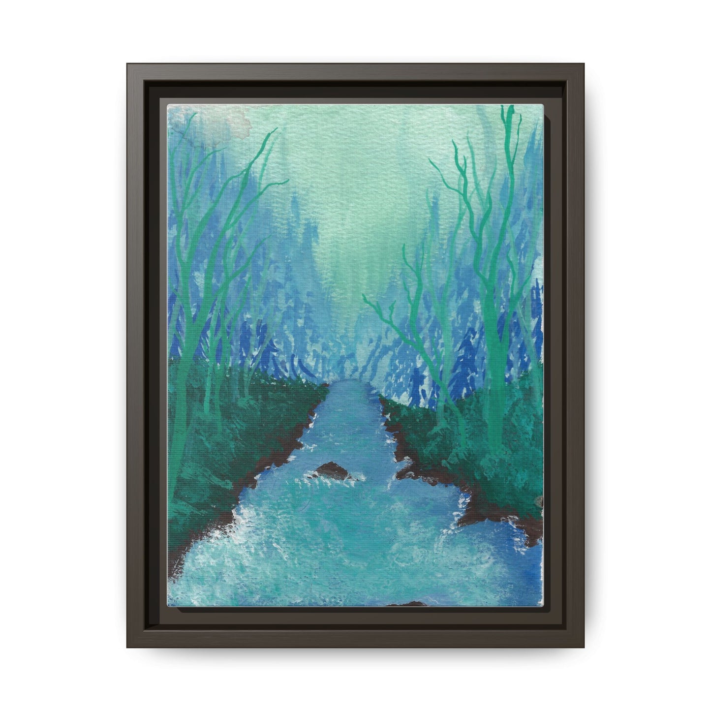 Framed Matte Canvas — Teal Forest River Landscape Wall Art