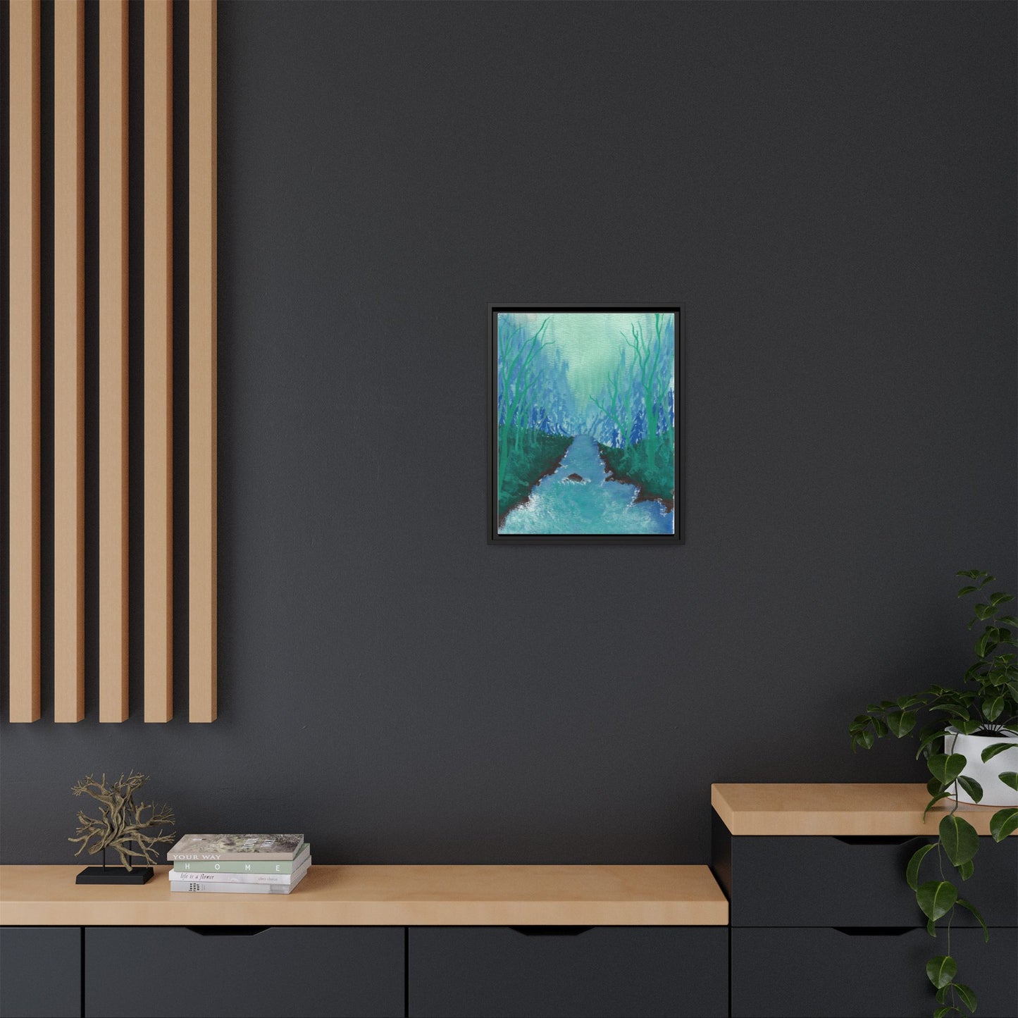 Framed Matte Canvas — Teal Forest River Landscape Wall Art
