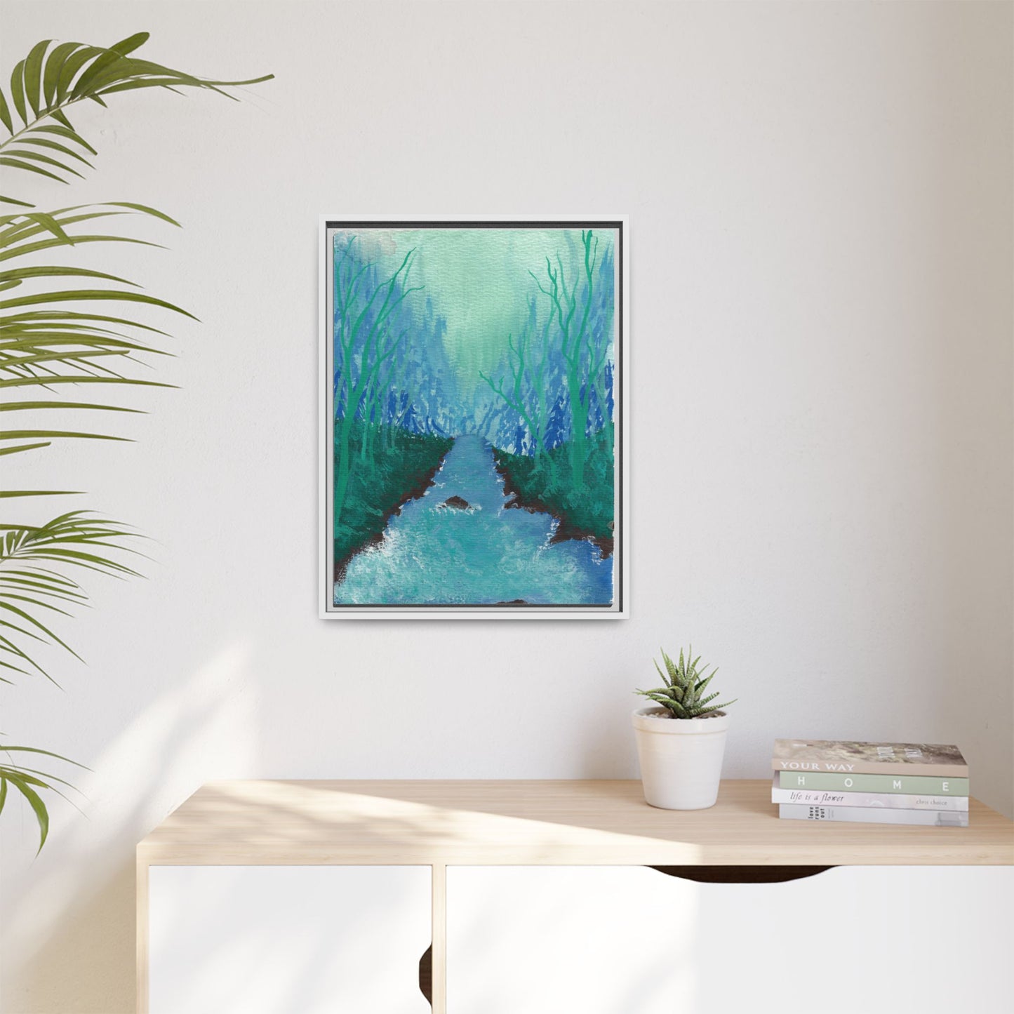 Framed Matte Canvas — Teal Forest River Landscape Wall Art