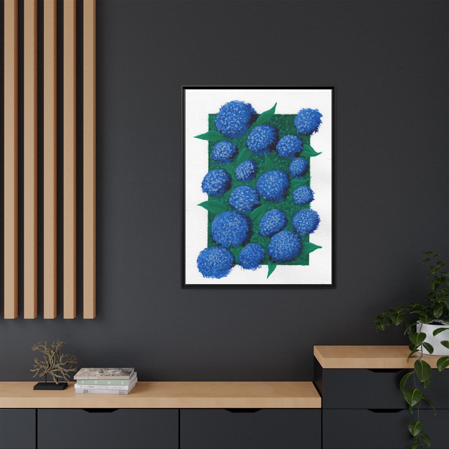 Framed Hydrangea Matte Canvas Print — Blue Floral Wall Art