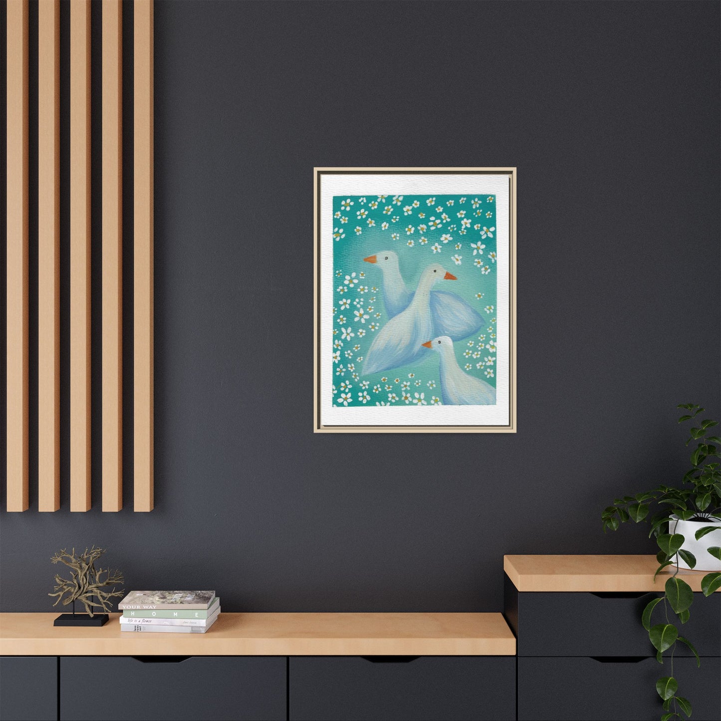 Framed Goose Canvas Print — Whimsical Floral Waterfowl Wall Art