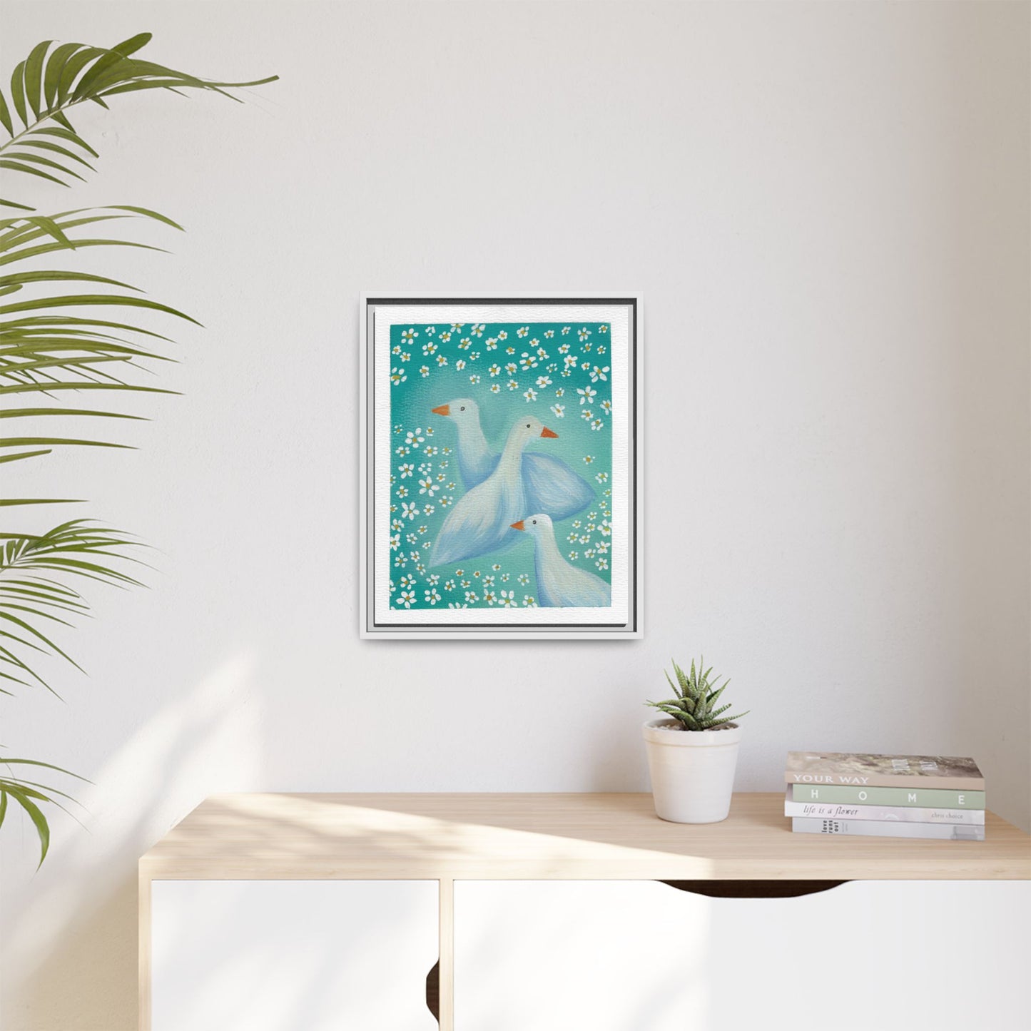 Framed Goose Canvas Print — Whimsical Floral Waterfowl Wall Art