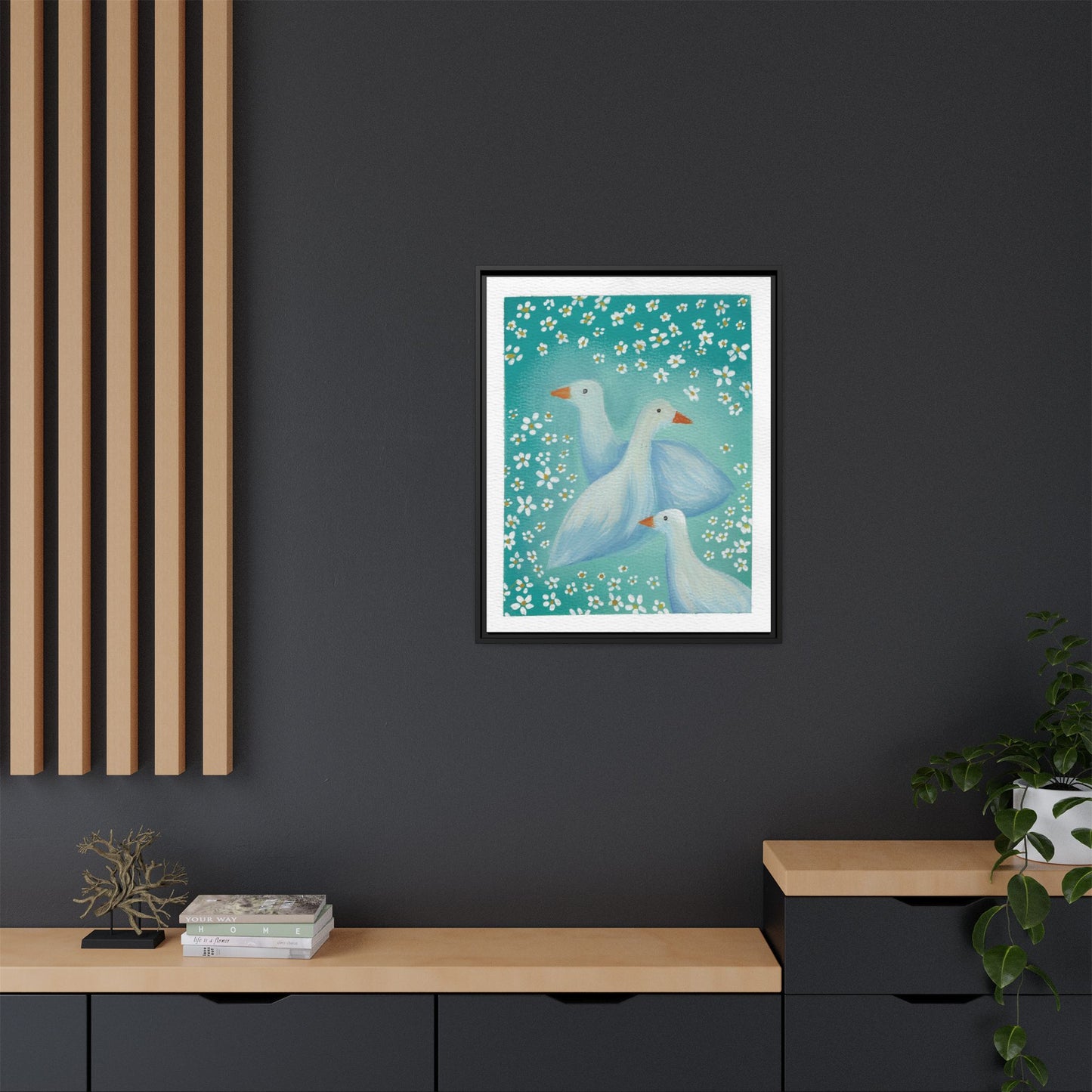 Framed Goose Canvas Print — Whimsical Floral Waterfowl Wall Art