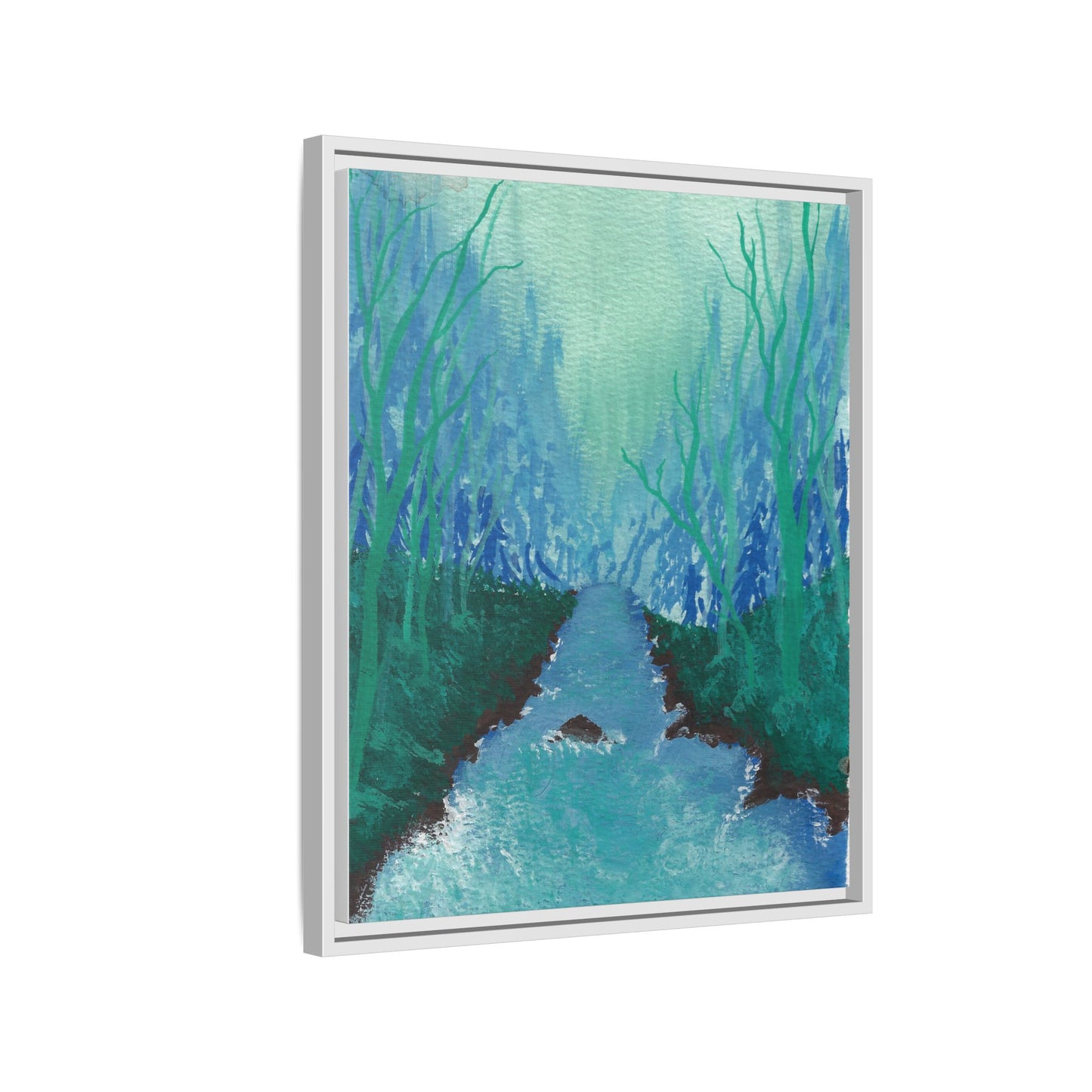 Framed Matte Canvas — Teal Forest River Landscape Wall Art