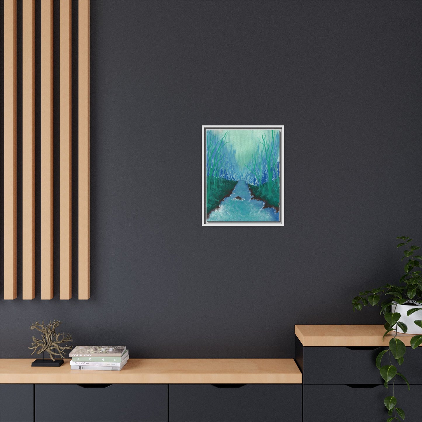 Framed Matte Canvas — Teal Forest River Landscape Wall Art
