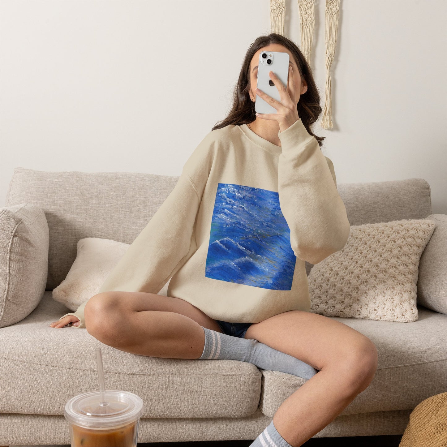 Ocean Waves Crewneck Sweatshirt — Blue Seascape Graphic Pullover