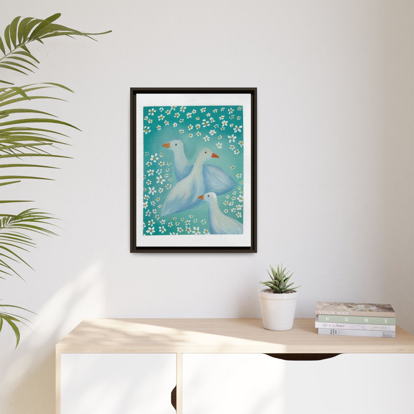 Framed Goose Canvas Print — Whimsical Floral Waterfowl Wall Art