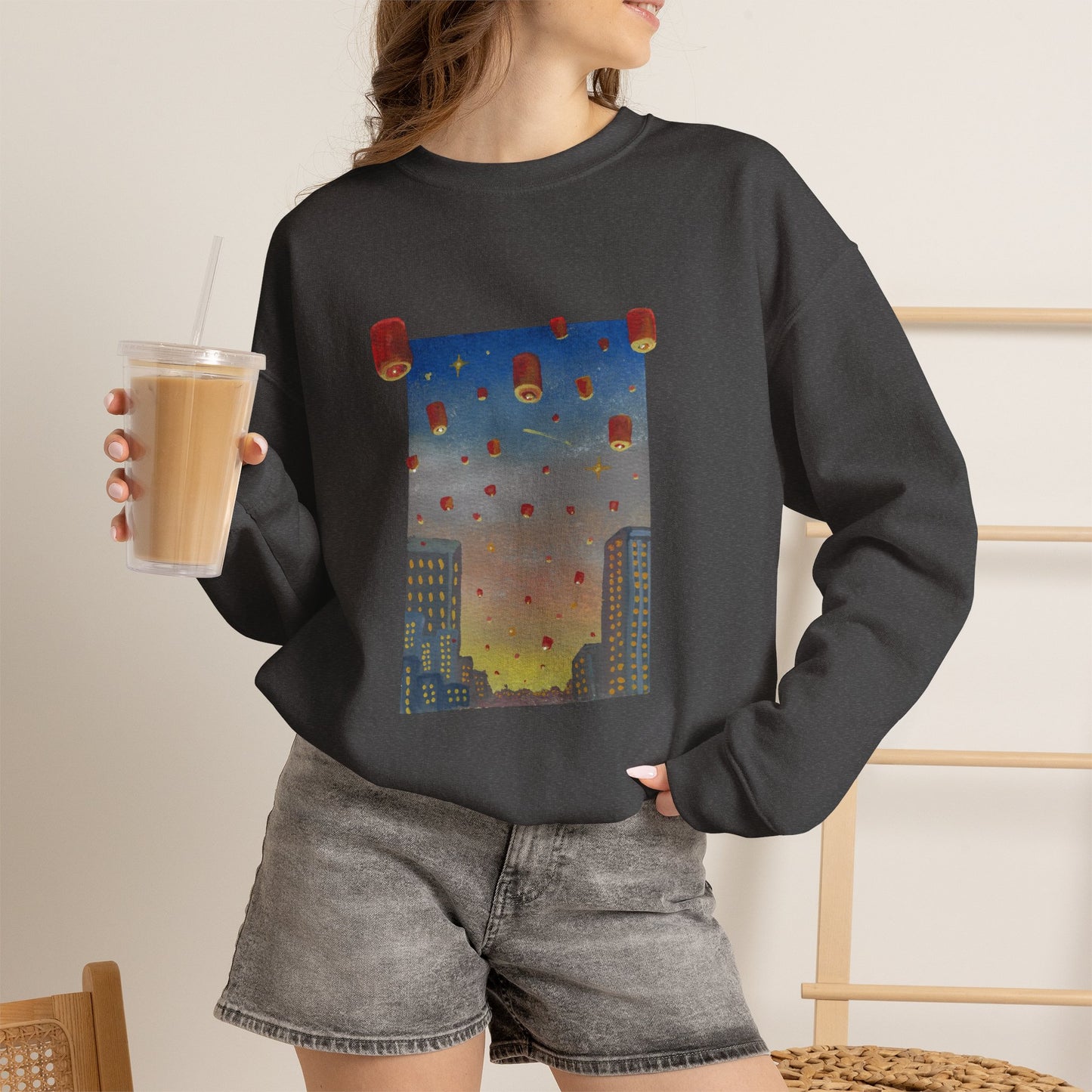 Lantern Festival Crewneck Sweatshirt — Sky of Floating Lanterns Graphic