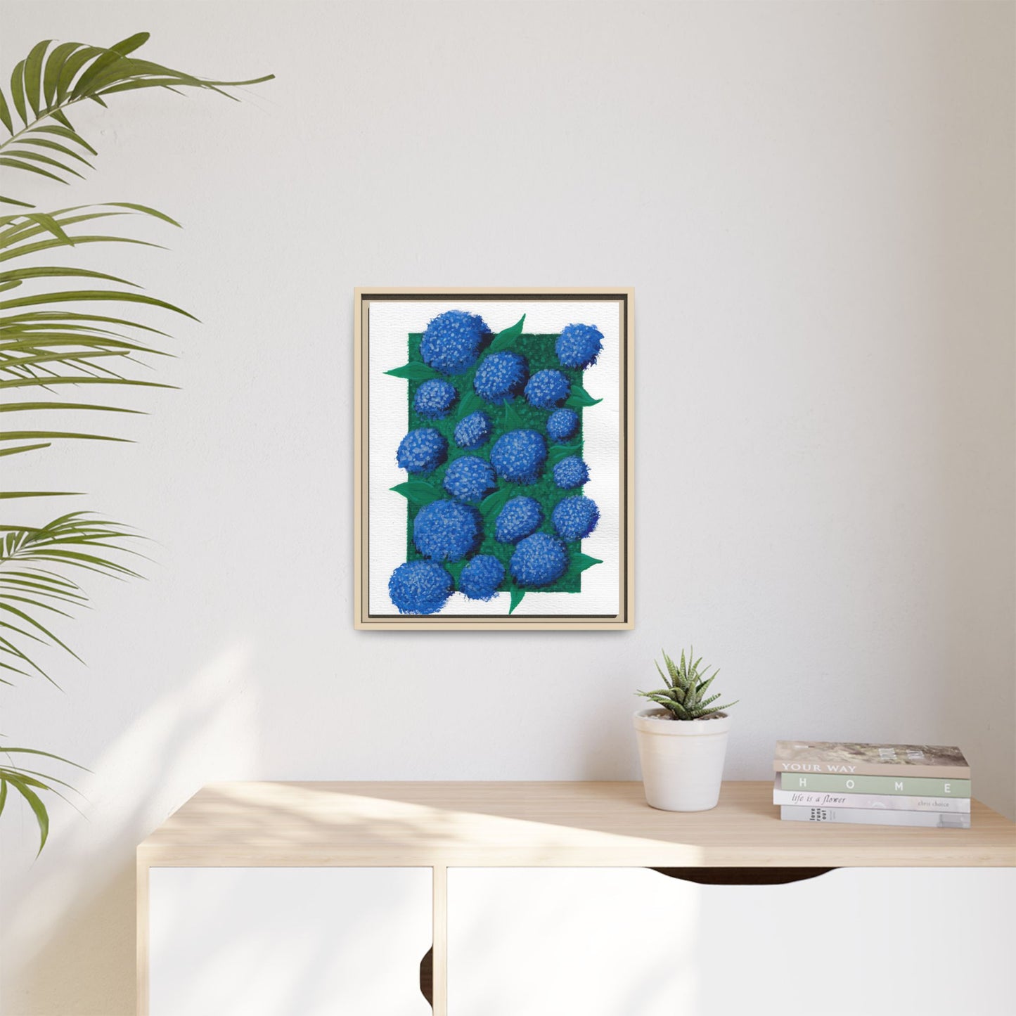 Framed Hydrangea Matte Canvas Print — Blue Floral Wall Art
