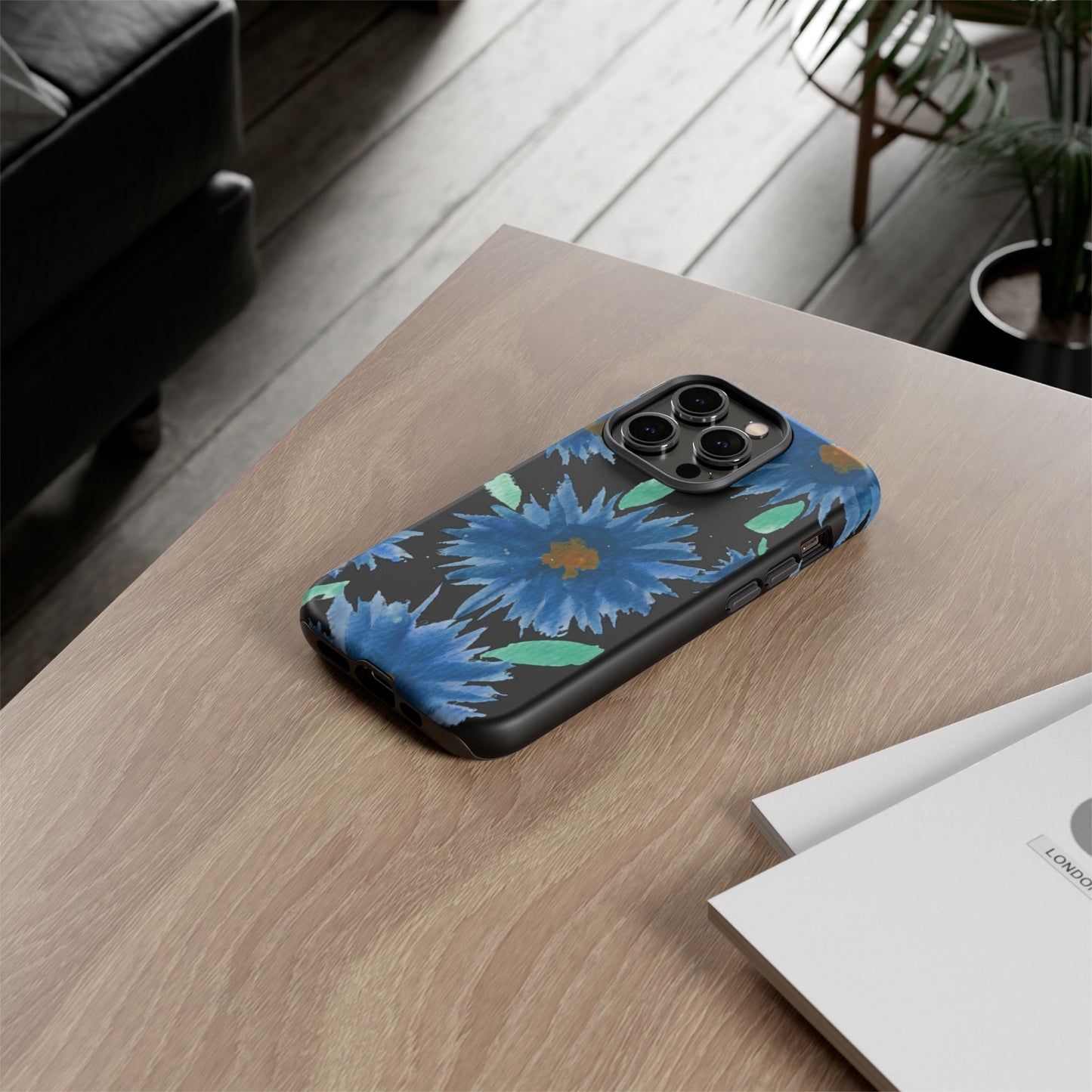 Blue Floral Tough Phone Case – Watercolor Daisy Protective Cover