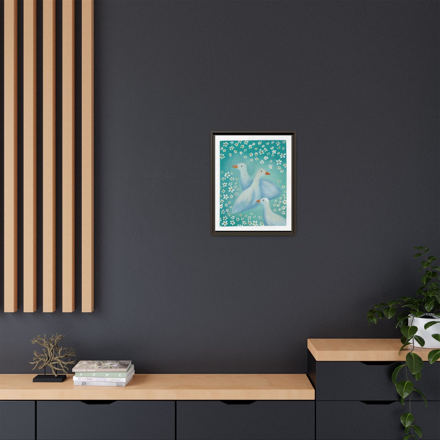 Framed Goose Canvas Print — Whimsical Floral Waterfowl Wall Art