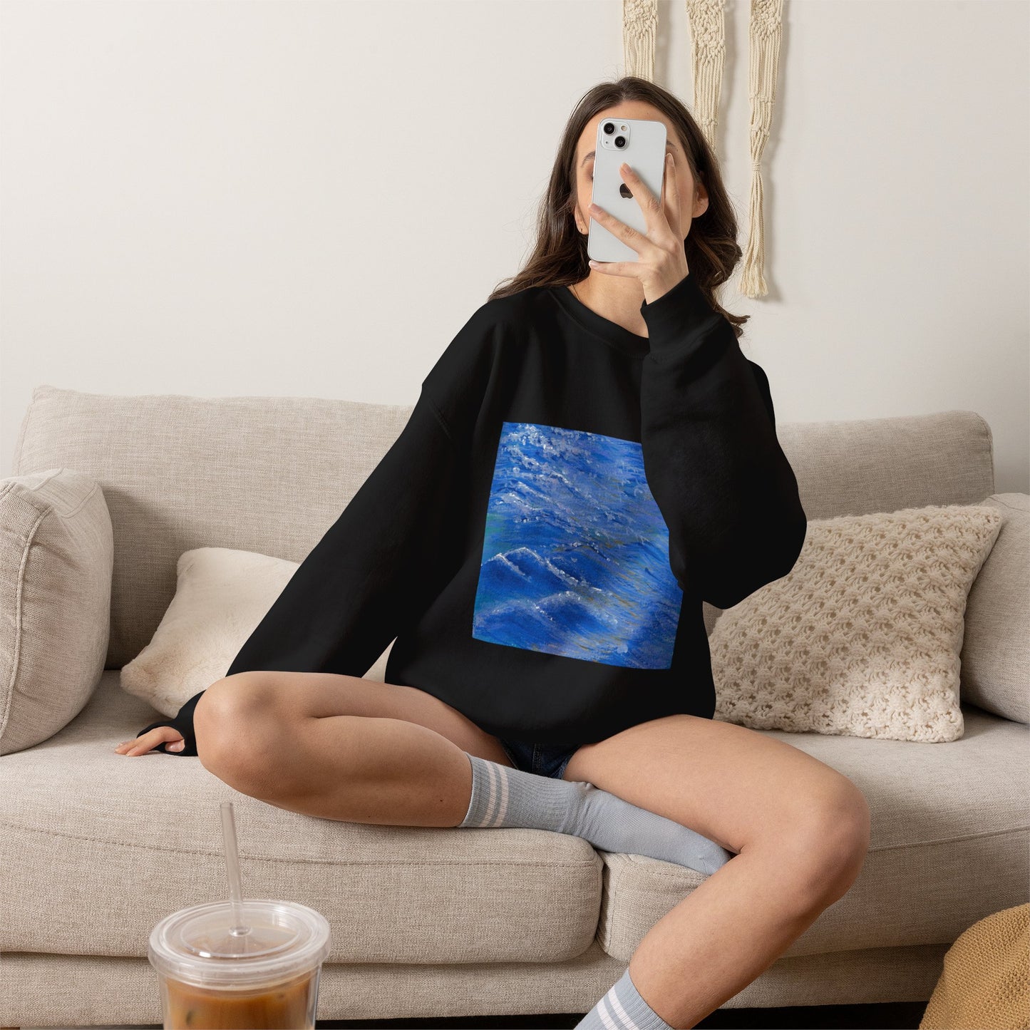 Ocean Waves Crewneck Sweatshirt — Blue Seascape Graphic Pullover