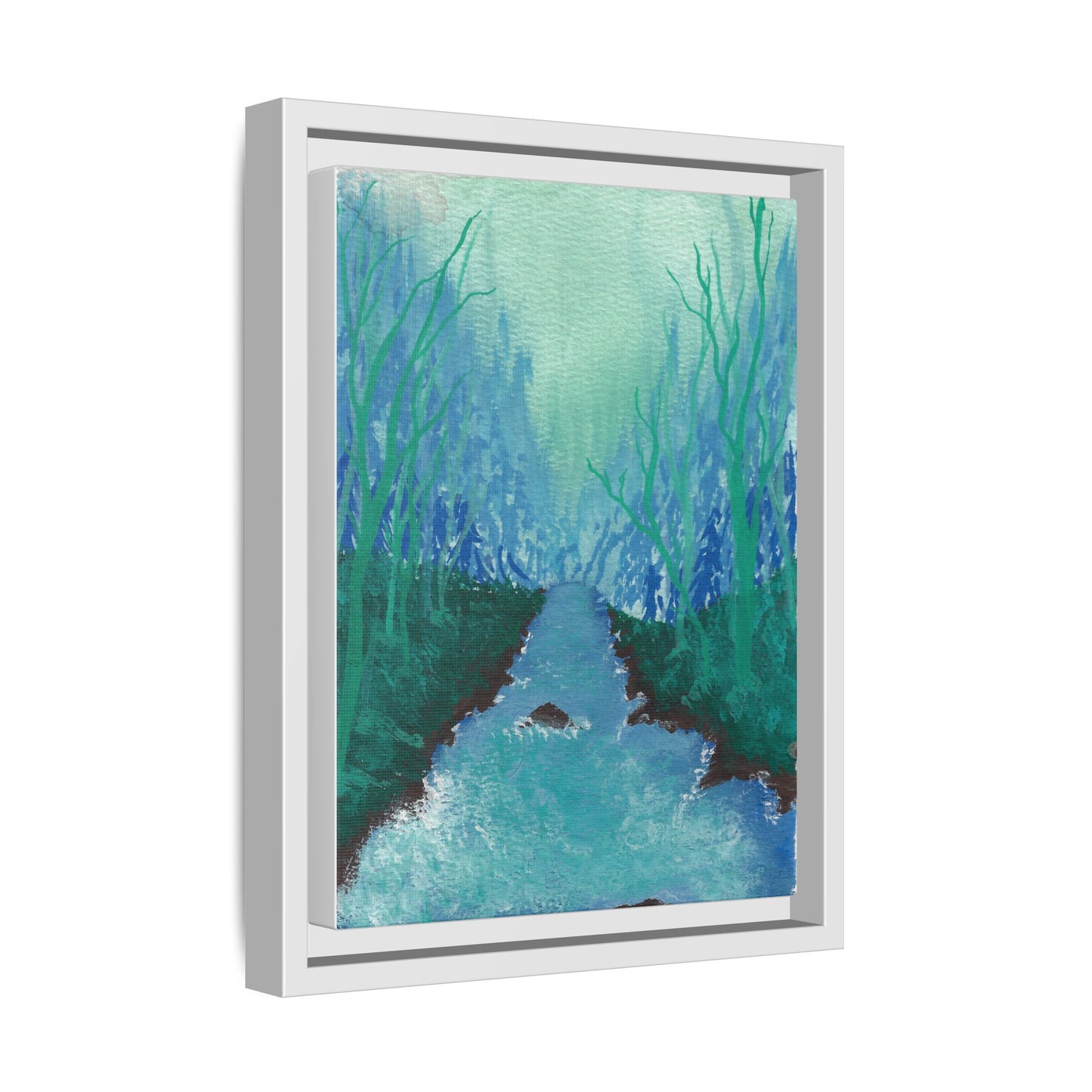 Framed Matte Canvas — Teal Forest River Landscape Wall Art