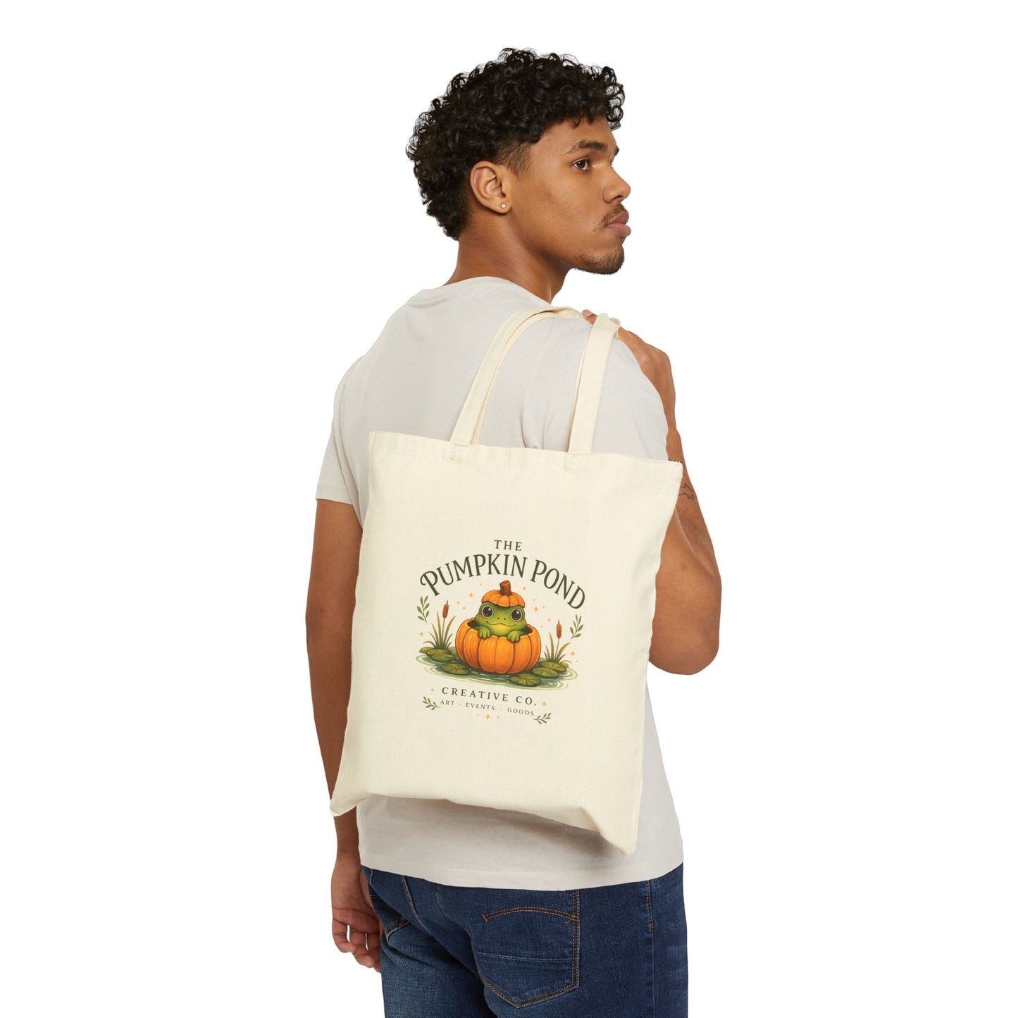 Pumpkin Pond Cotton Tote Bag — Cute Fall Pumpkin Frog Illustration