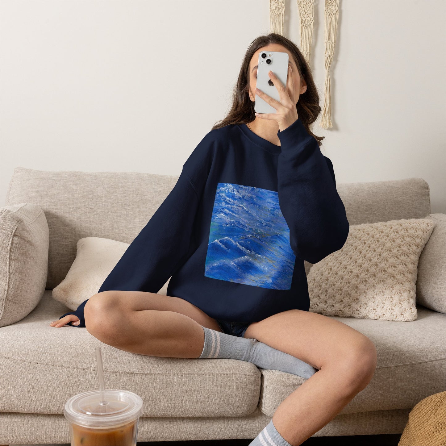 Ocean Waves Crewneck Sweatshirt — Blue Seascape Graphic Pullover