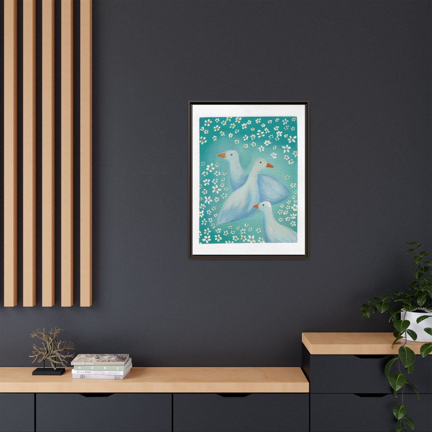 Framed Goose Canvas Print — Whimsical Floral Waterfowl Wall Art