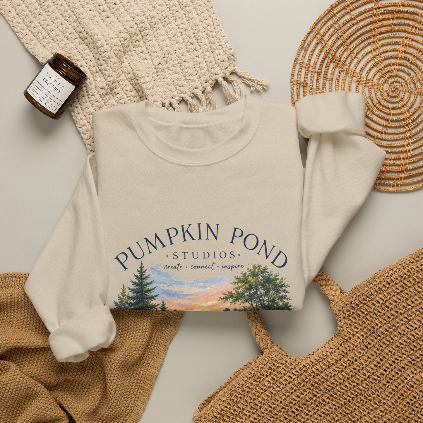 Pumpkin Pond Studio Scenic Sweatshirt — 'Pumpkin Pond' Lakeside Graphic Crewneck
