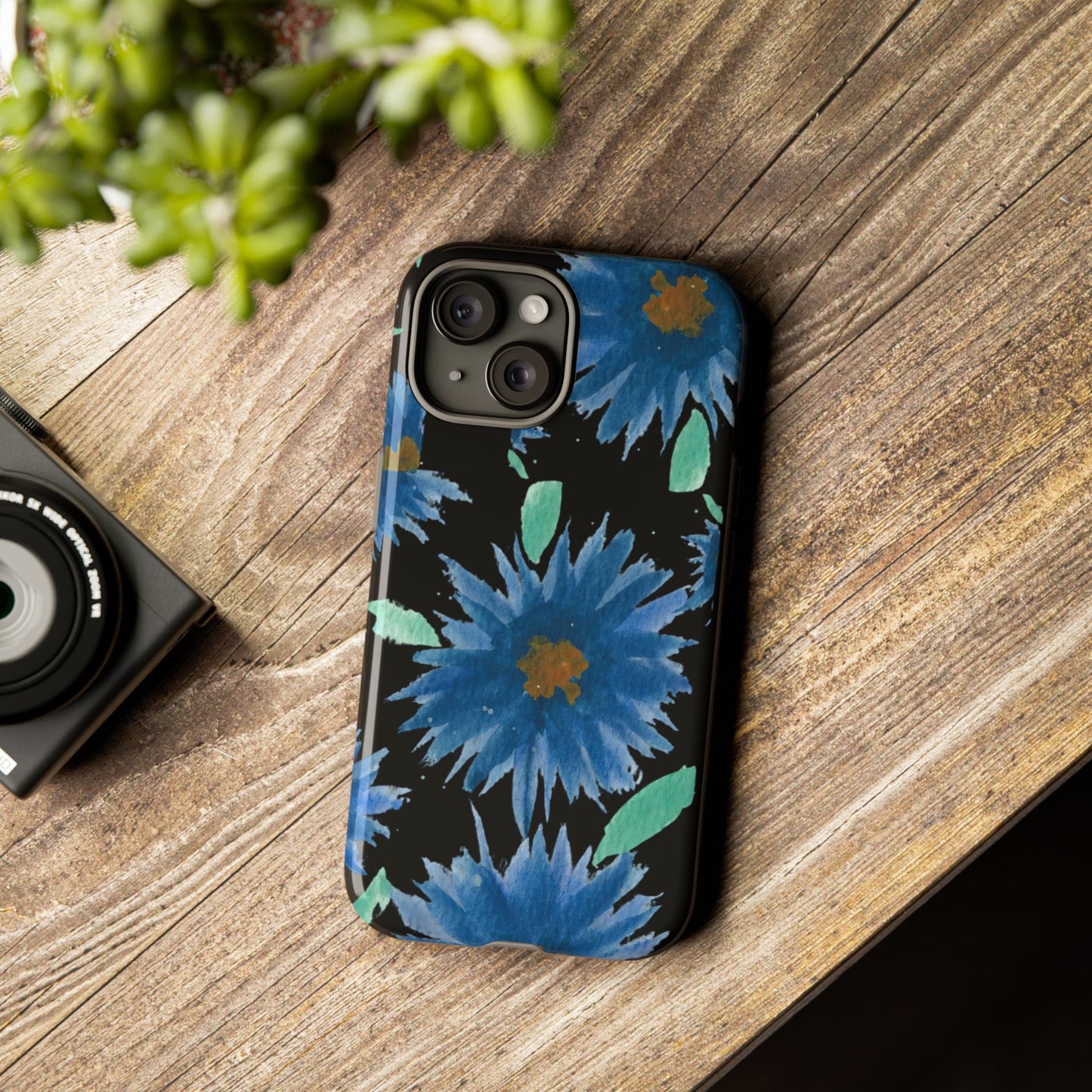 Blue Floral Tough Phone Case – Watercolor Daisy Protective Cover