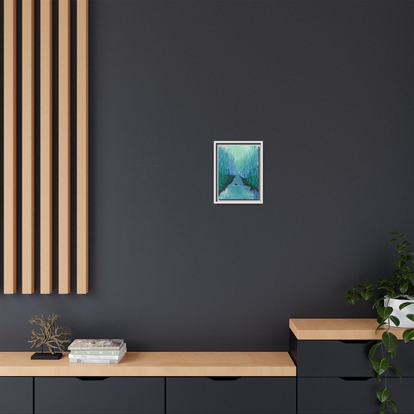 Framed Matte Canvas — Teal Forest River Landscape Wall Art