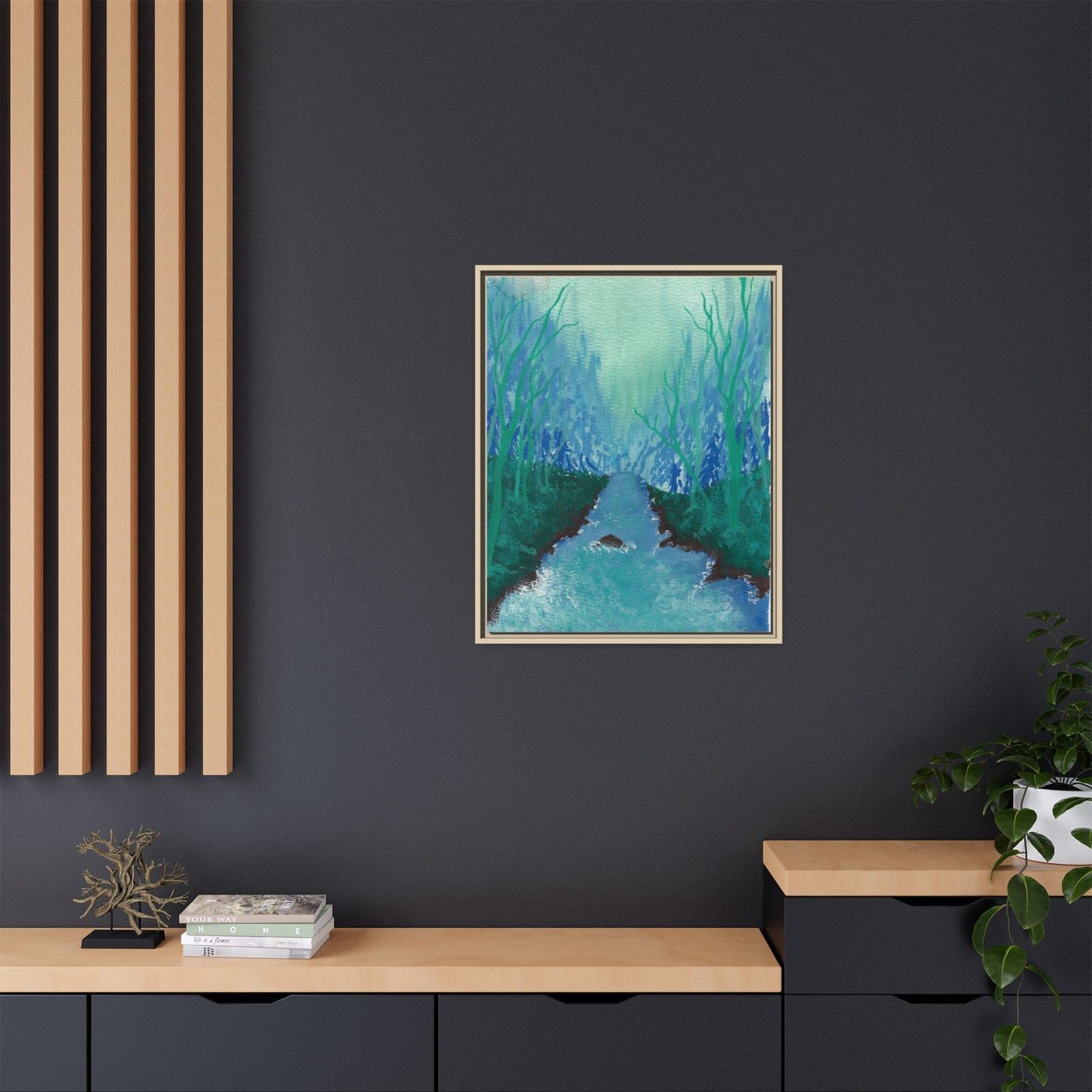 Framed Matte Canvas — Teal Forest River Landscape Wall Art