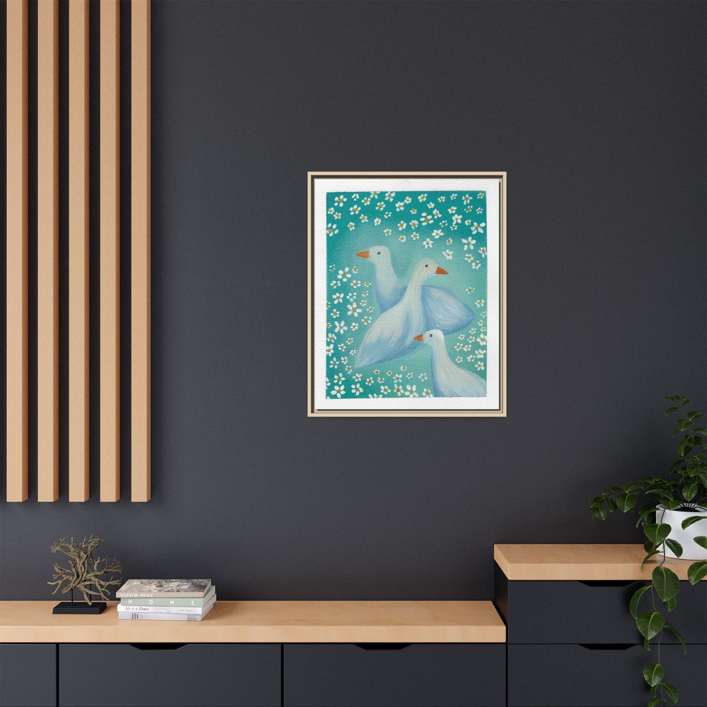 Framed Goose Canvas Print — Whimsical Floral Waterfowl Wall Art