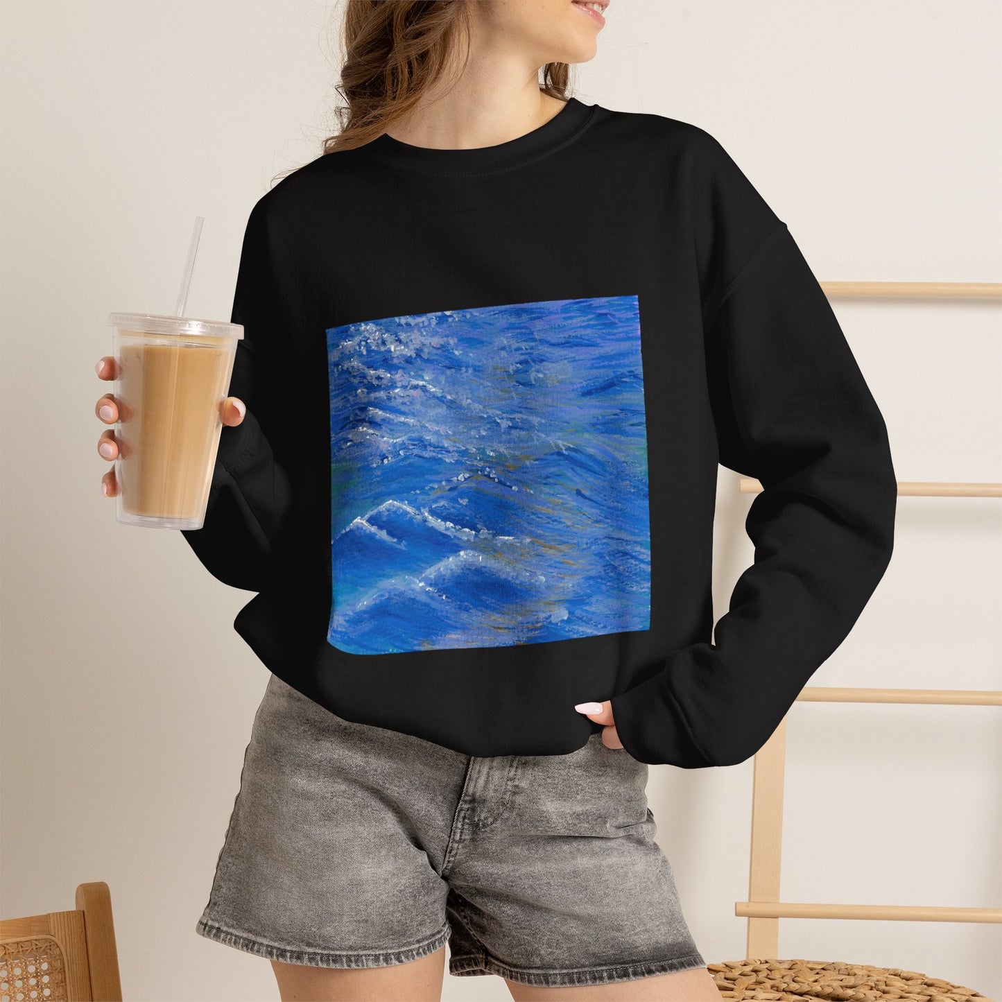 Ocean Waves Crewneck Sweatshirt — Blue Seascape Graphic Pullover