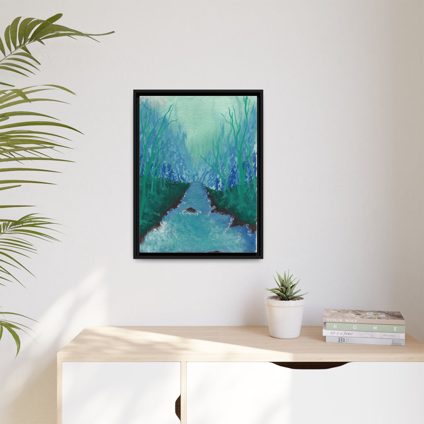 Framed Matte Canvas — Teal Forest River Landscape Wall Art