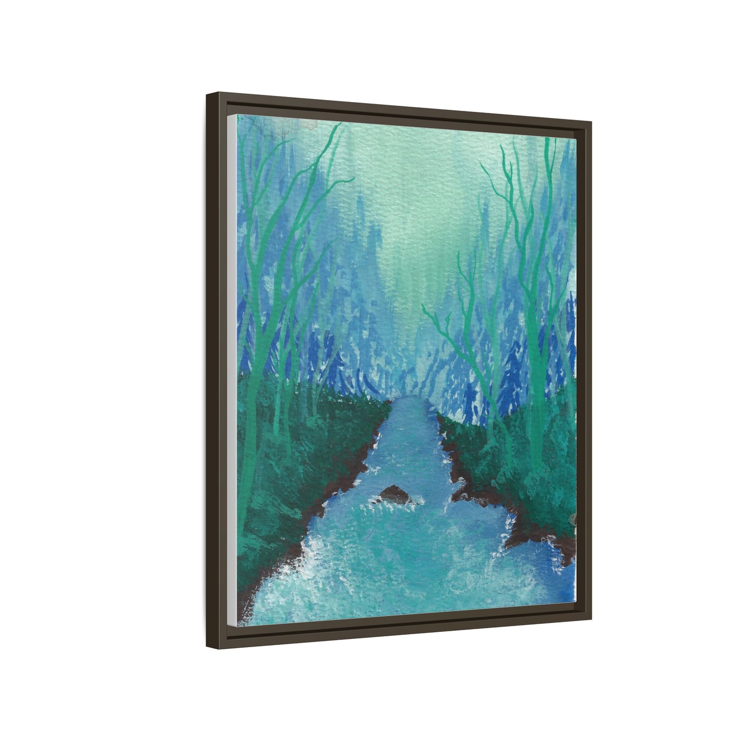 Framed Matte Canvas — Teal Forest River Landscape Wall Art