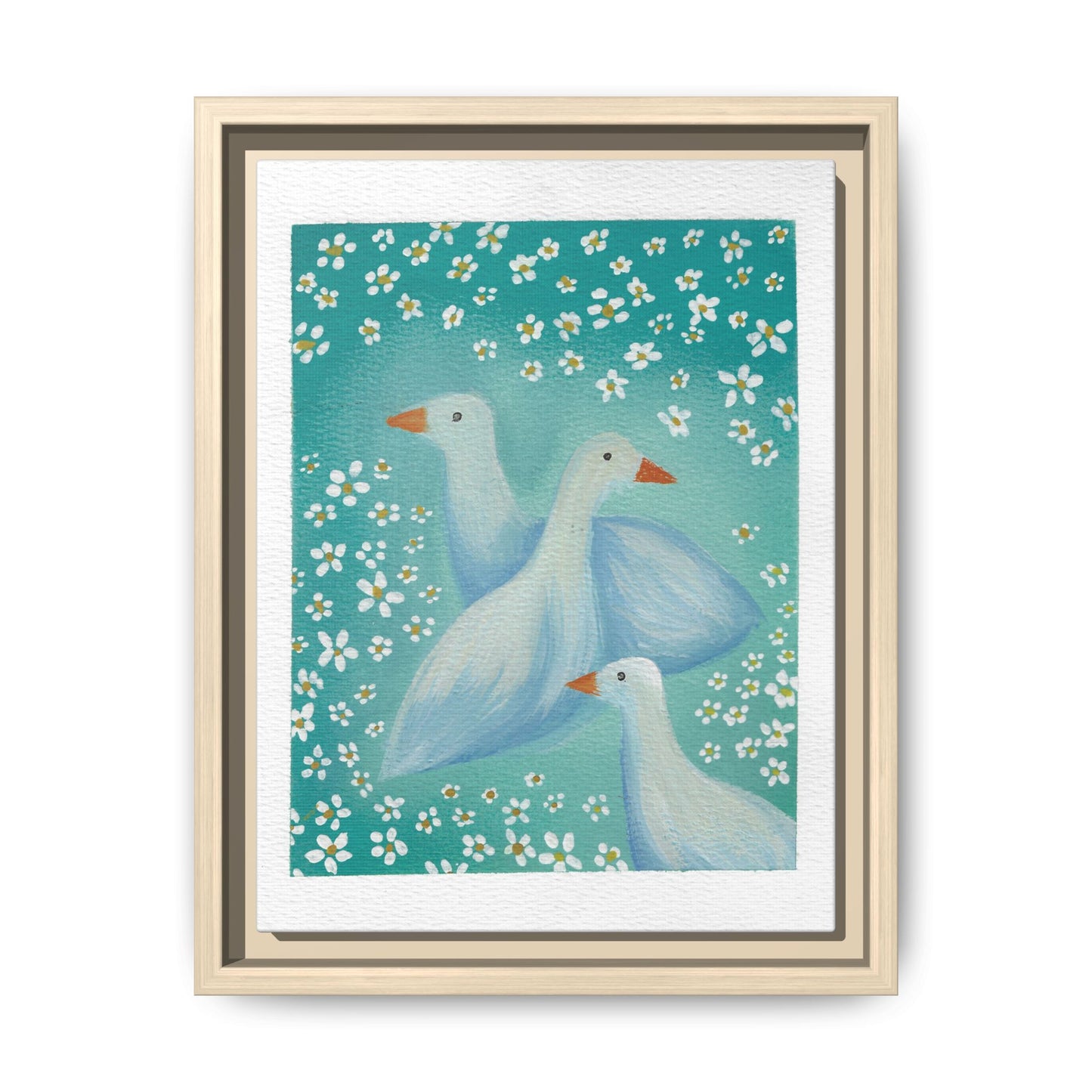 Framed Goose Canvas Print — Whimsical Floral Waterfowl Wall Art