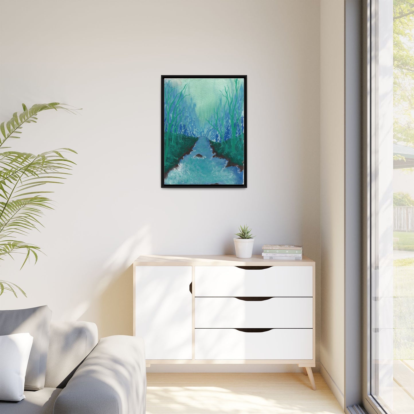 Framed Matte Canvas — Teal Forest River Landscape Wall Art