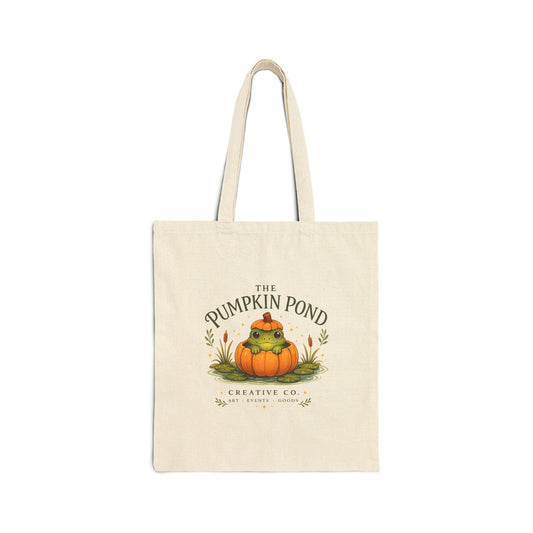 Pumpkin Pond Cotton Tote Bag — Cute Fall Pumpkin Frog Illustration