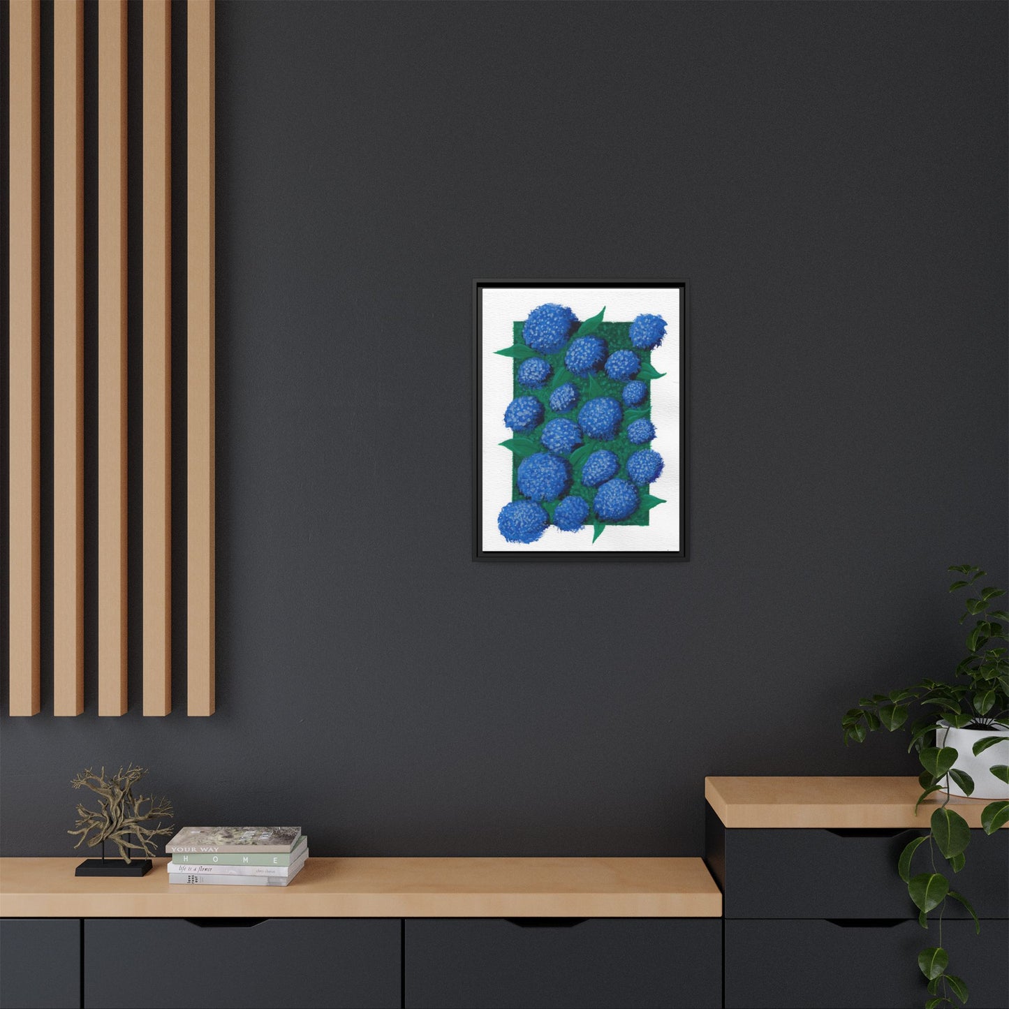 Framed Hydrangea Matte Canvas Print — Blue Floral Wall Art