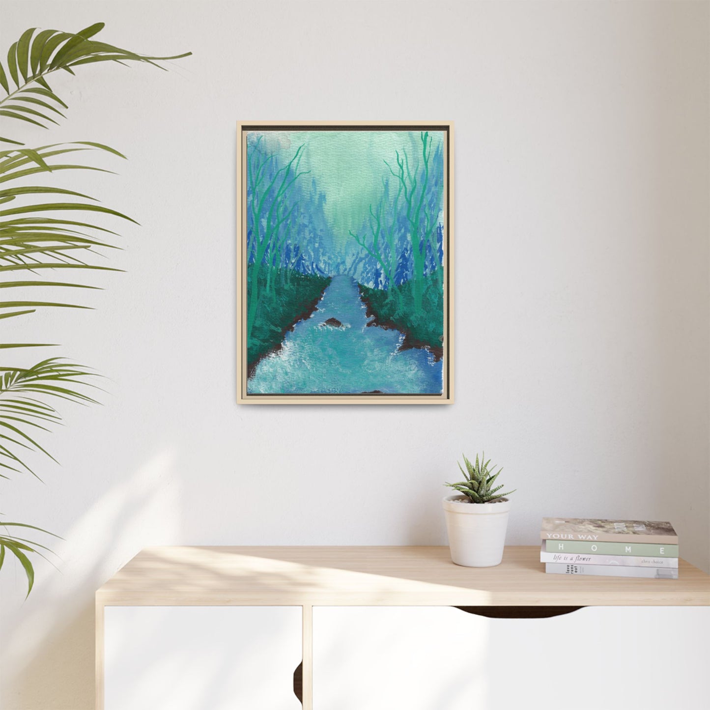 Framed Matte Canvas — Teal Forest River Landscape Wall Art