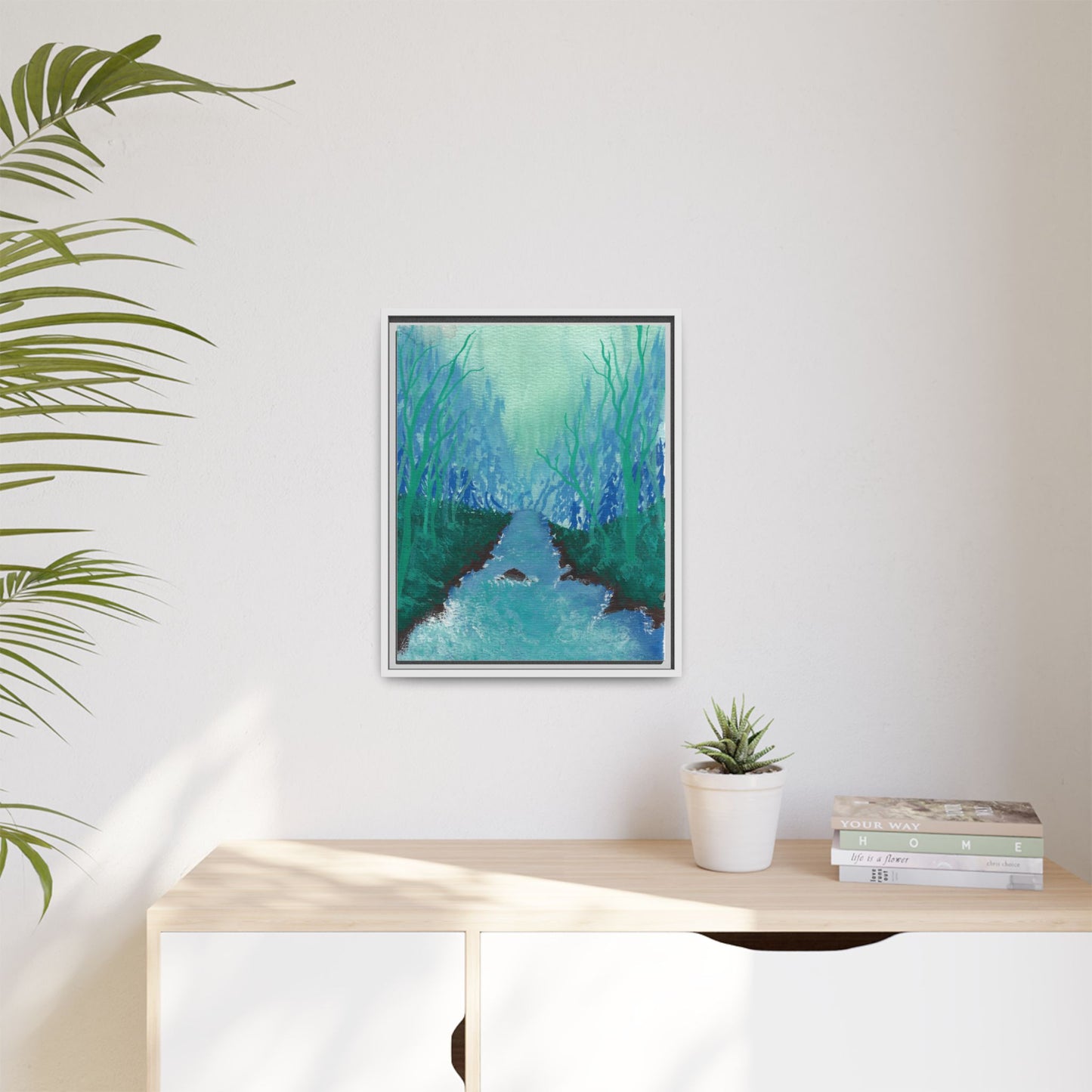 Framed Matte Canvas — Teal Forest River Landscape Wall Art