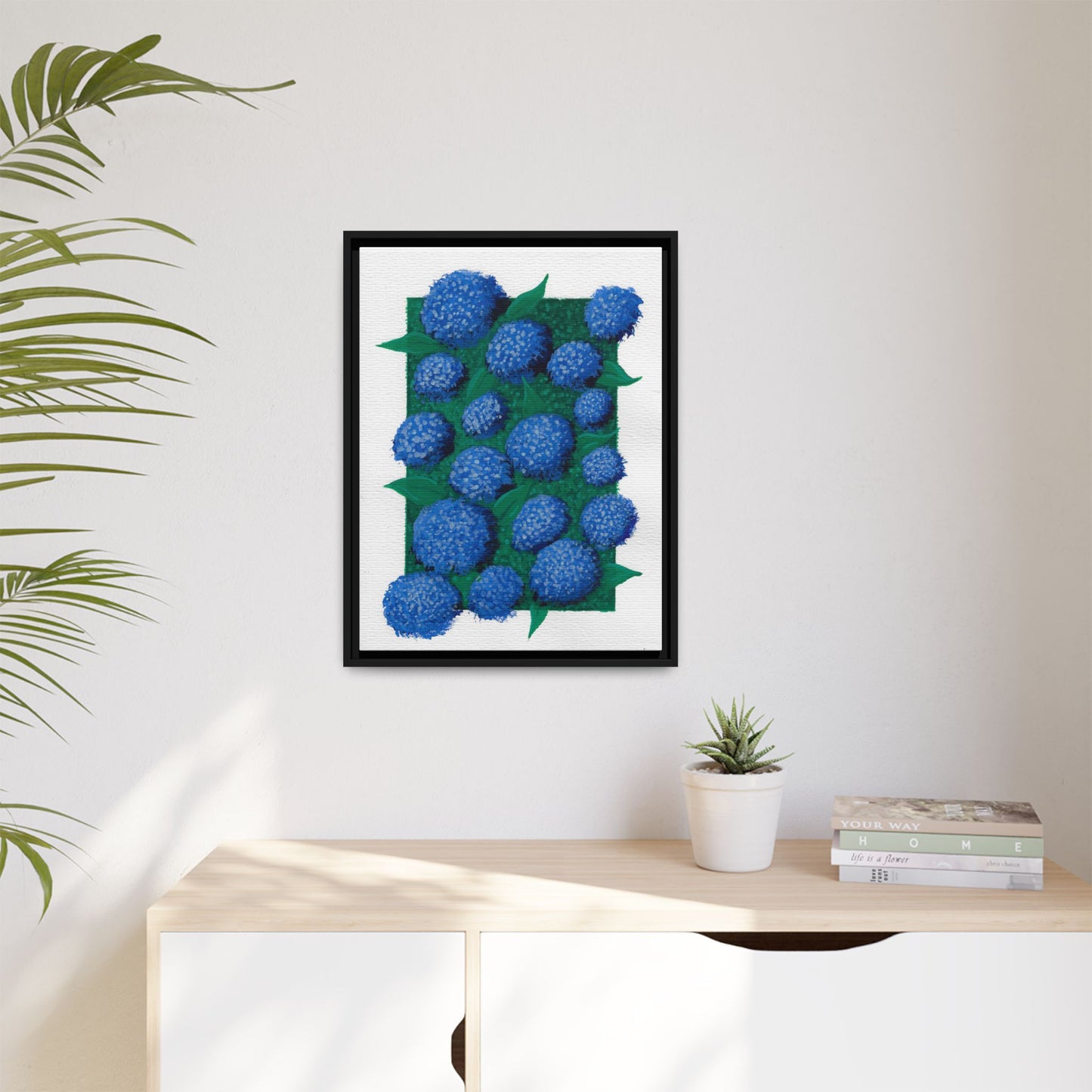 Framed Hydrangea Matte Canvas Print — Blue Floral Wall Art